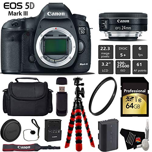 Canon EOS 5D Mark III DSLR Camera with 24mm f/2.8 STM Lens + Wireless Remote + UV Protection Filter + Case + Wrist Strap Pro Bundle Canon