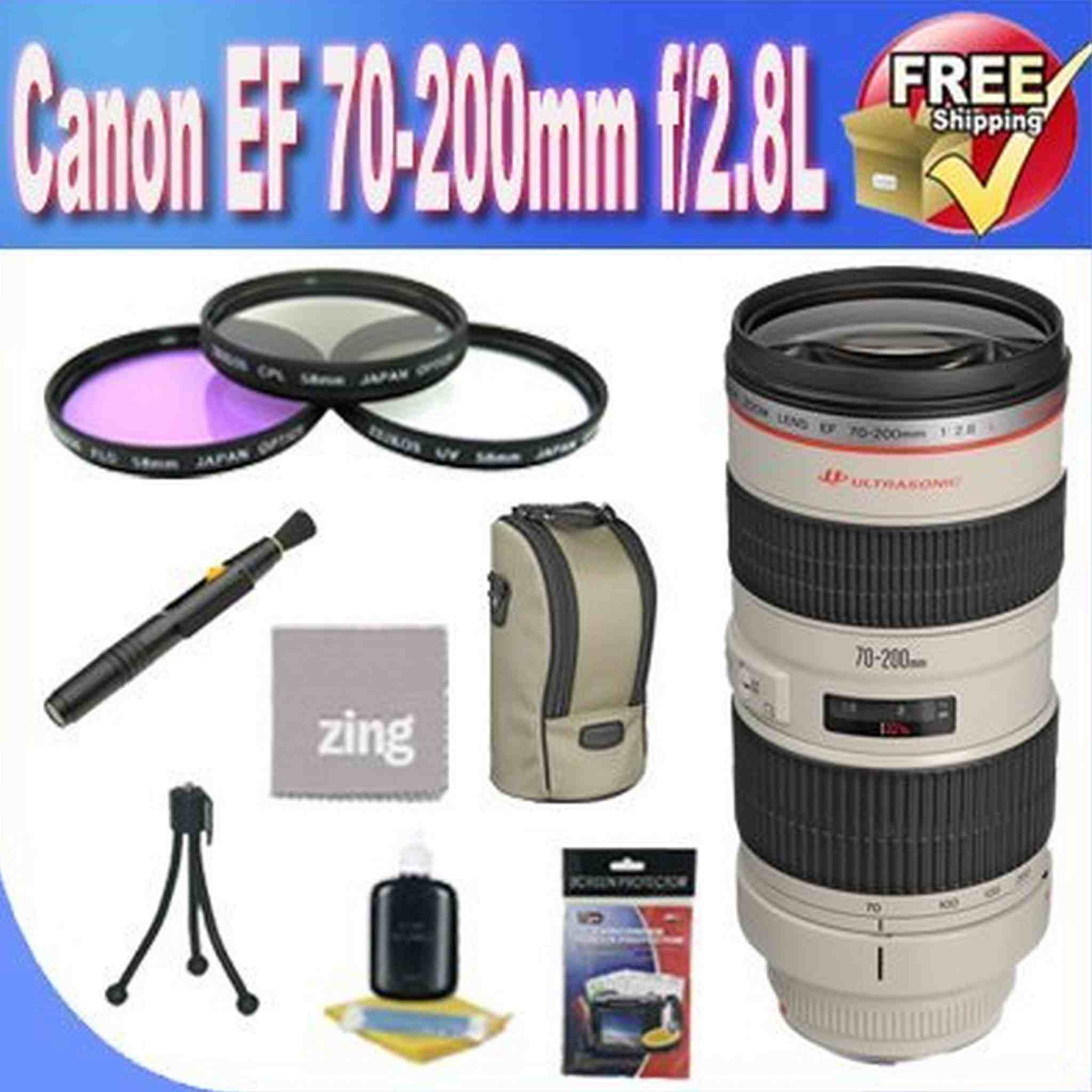 Canon EF 70-200mm f/2.8L USM Telephoto Zoom Lens + 3 Piece Filter Kit + Lens Case + Zing Microfiber Cleaning Cloth + Lens Pen Cleaner + Lens Accessory Saver Bundle Canon