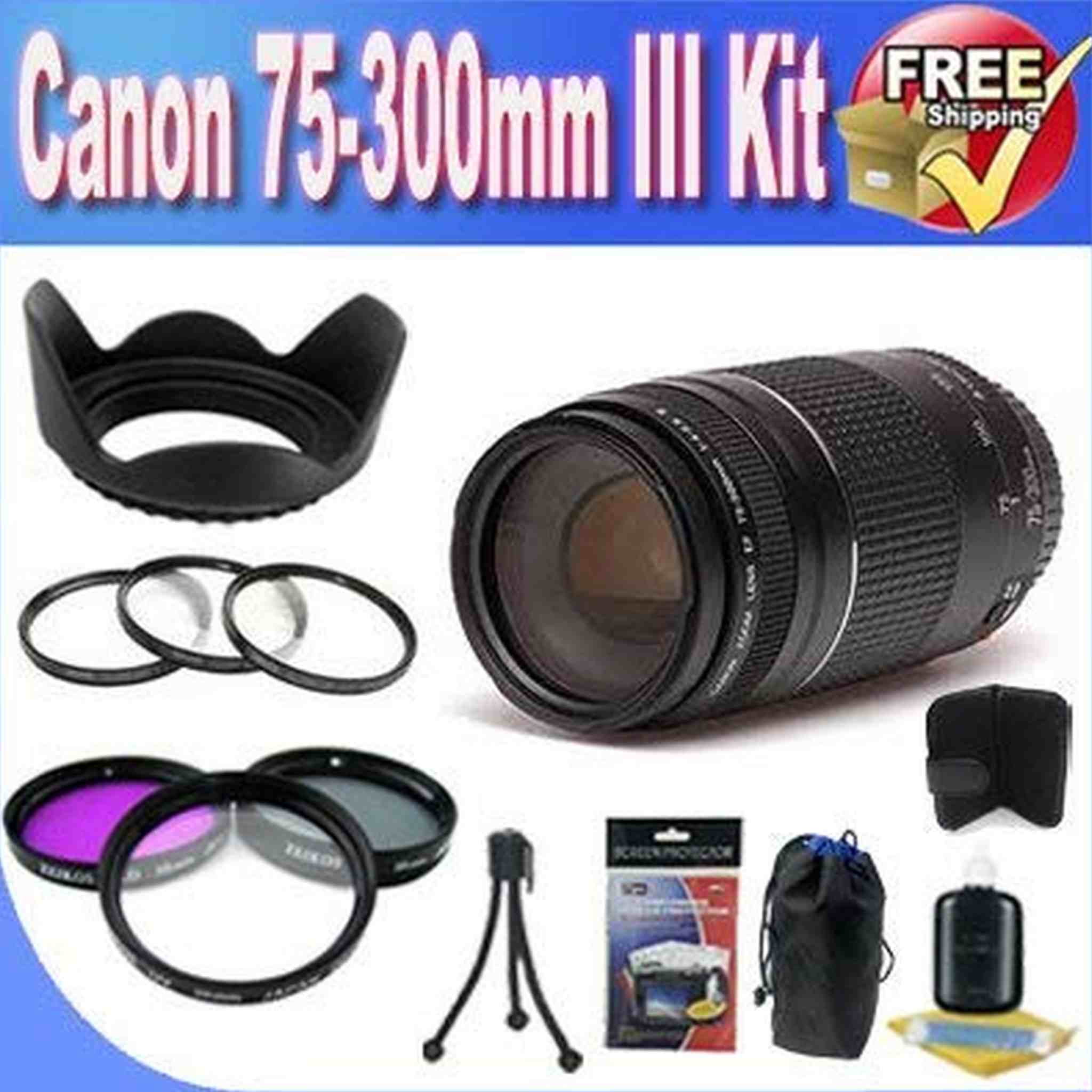 Canon EF 75-300mm f/4-5.6 III Telephoto Zoom Lens for Canon SLR Cameras + 3 Piece Professional Filter Kit + Lens Hood + 3 Piece Macro Lens Kit + Lens Pouch + Lens Hood + Accessory Saver Bundle Canon