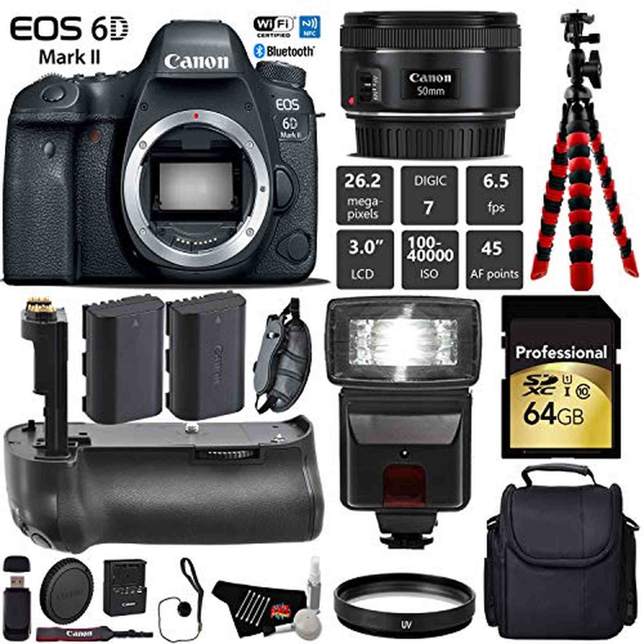 Canon EOS 6D Mark II DSLR Camera With 50mm f/1.8 STM Lens + Professional Battery Grip + UV Protection Filter + Flash Pro Bundle Canon