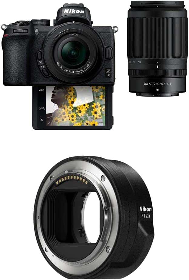 Nikon Z50 Compact Mirrorless Digital Camera, 2 Zoom Lens Kit NIKKOR Z DX 16-50mm f/3.5-6.3 VR & 50-250mm F/4.5-6.3 VR with Nikon Mount Adapter FTZ II Nikon