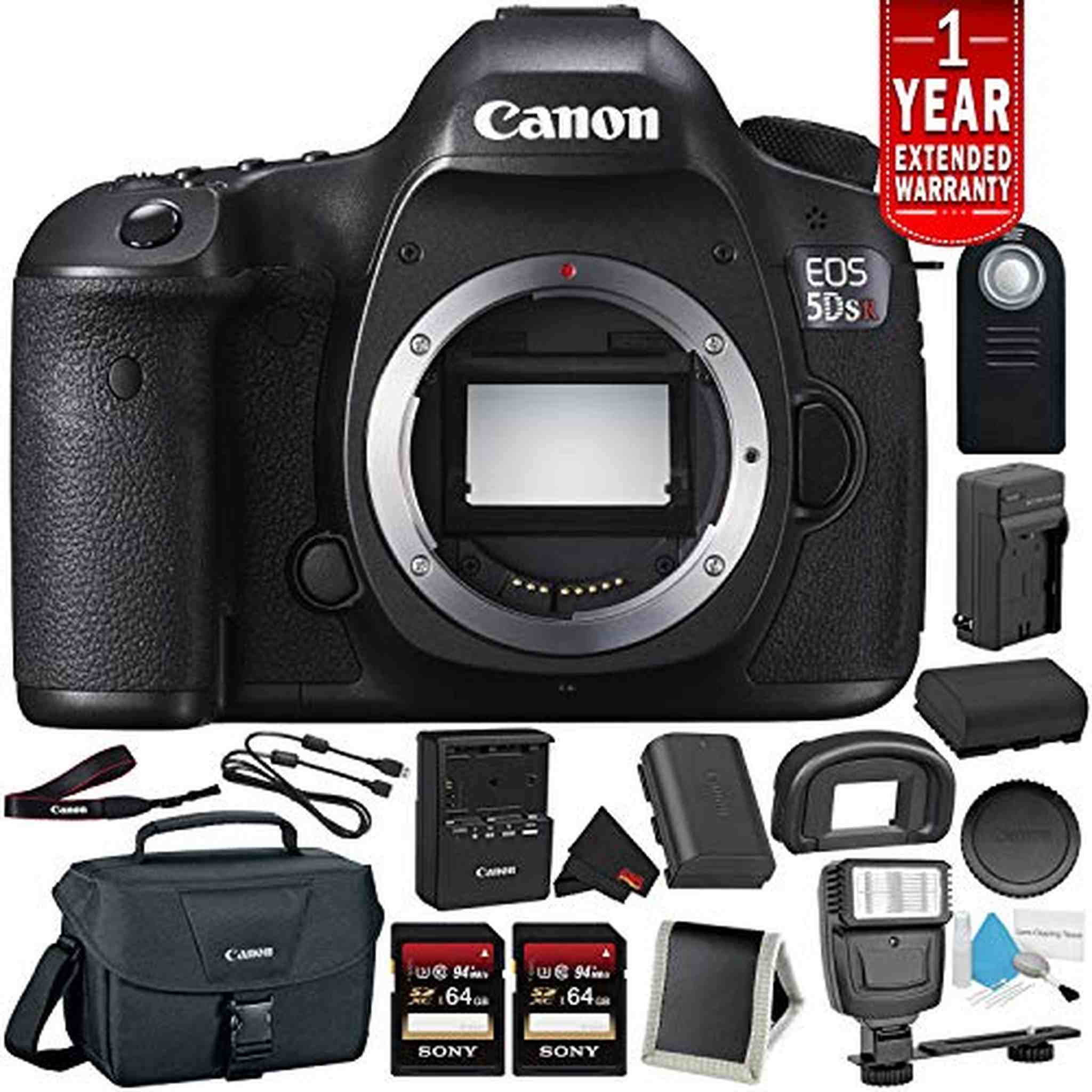 Canon EOS 5DS R Digital SLR Camera Body Only - Bundle with 2X 64GB Memory Cards + Spare Battery + Digital Slave Flash + Canon