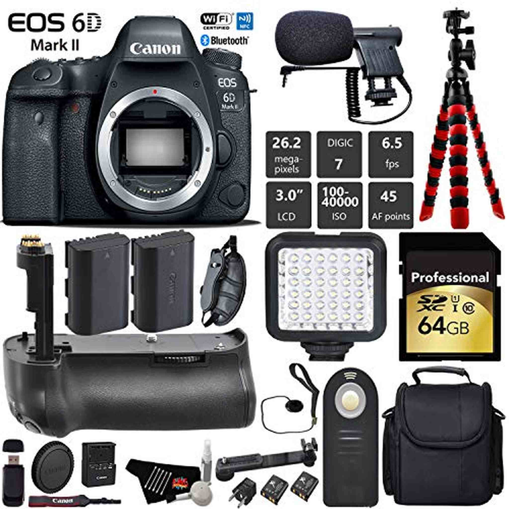 Canon EOS 6D Mark II DSLR Camera Body Only + Professional Battery Grip + Condenser Microphone + LED Kit + Extra Battery Pro Bundle Canon