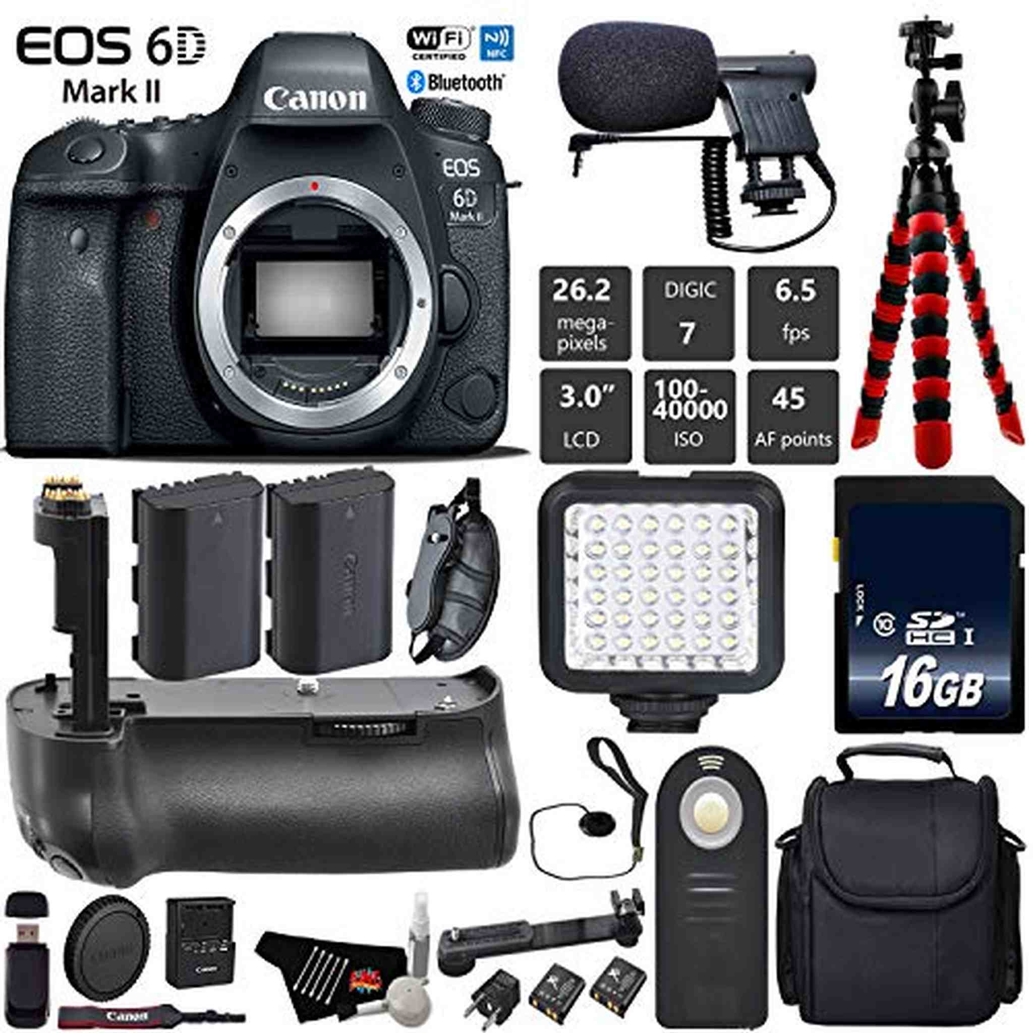 Canon EOS 6D Mark II DSLR Camera Body Only + Professional Battery Grip + Condenser Microphone + LED Kit + Extra Battery Base Bundle Canon