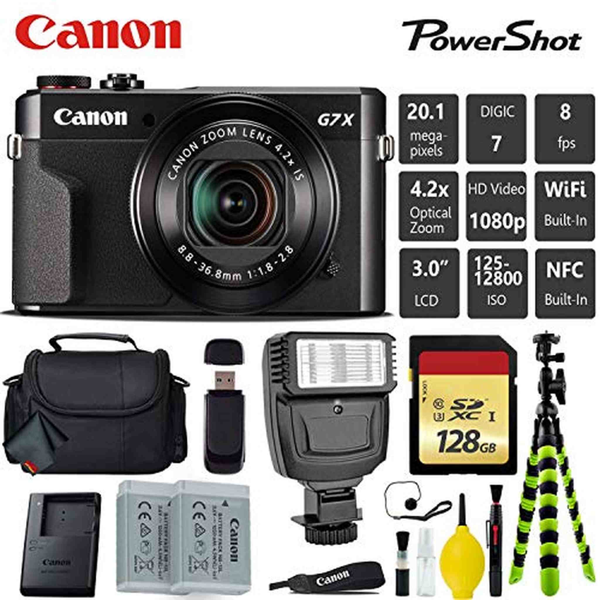 Canon PowerShot G7 X Mark II Point and Shoot Digital Camera + Extra Battery + Digital Flash + Camera Case + 128GB Card Advanced Bundle Canon