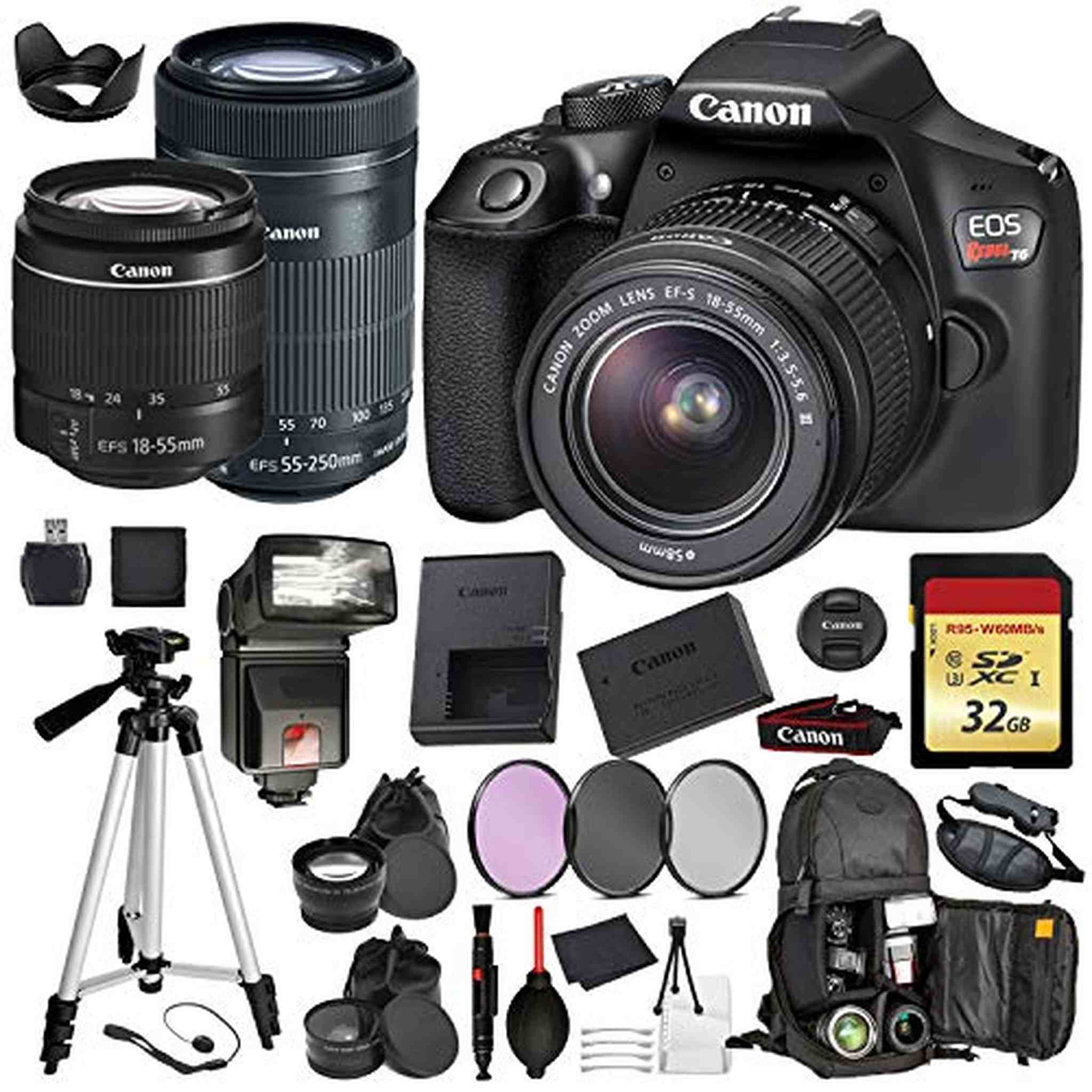 Canon EOS Rebel T6 Digital SLR Camera with EF-S 18-55mm + EF-S 55-250mm STM Black Professional Accessory Bundle Packag Canon