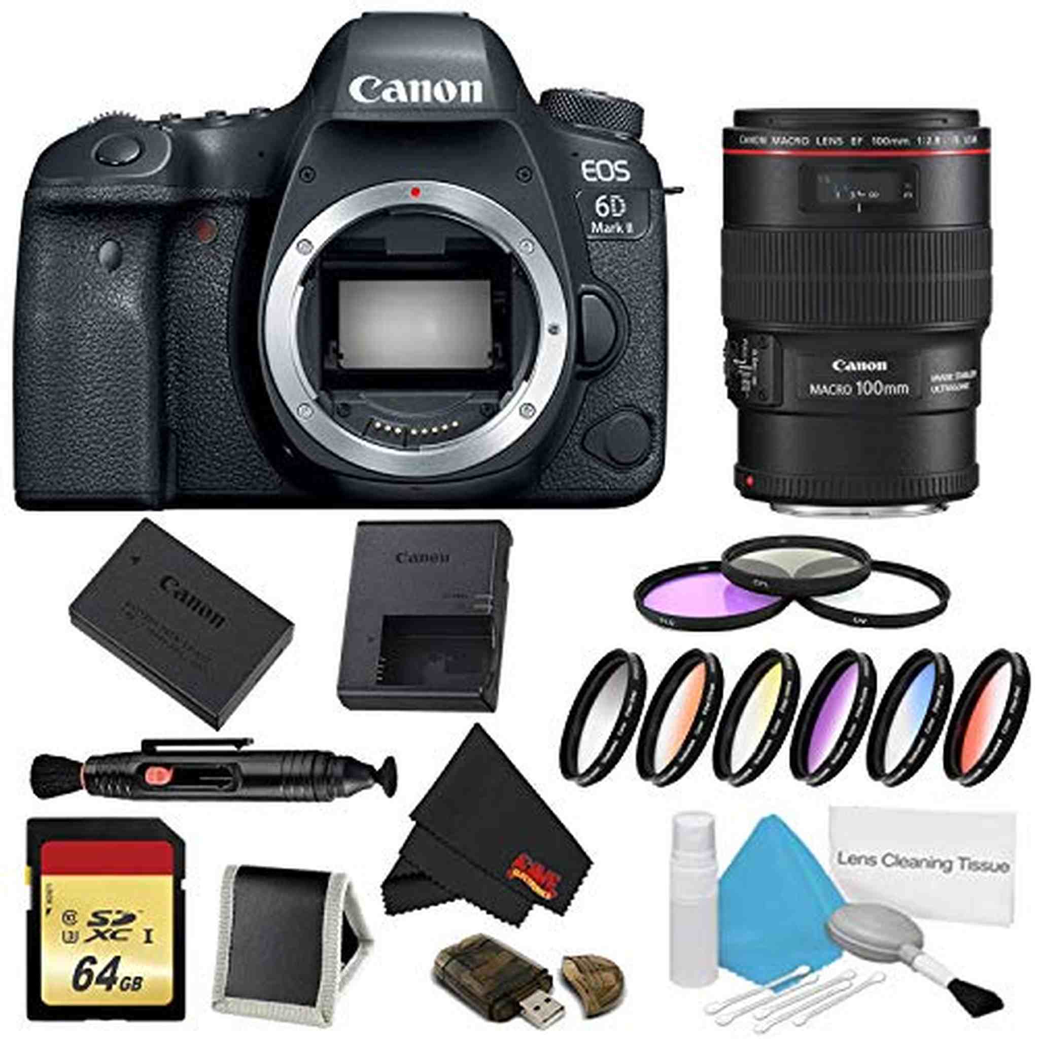 Canon EOS 6D Mark II DSLR Camera Body Only 9 Piece Filter w/Memory Bundle + EF 100mm f/2.8L Macro is USM Lens - Intern Canon