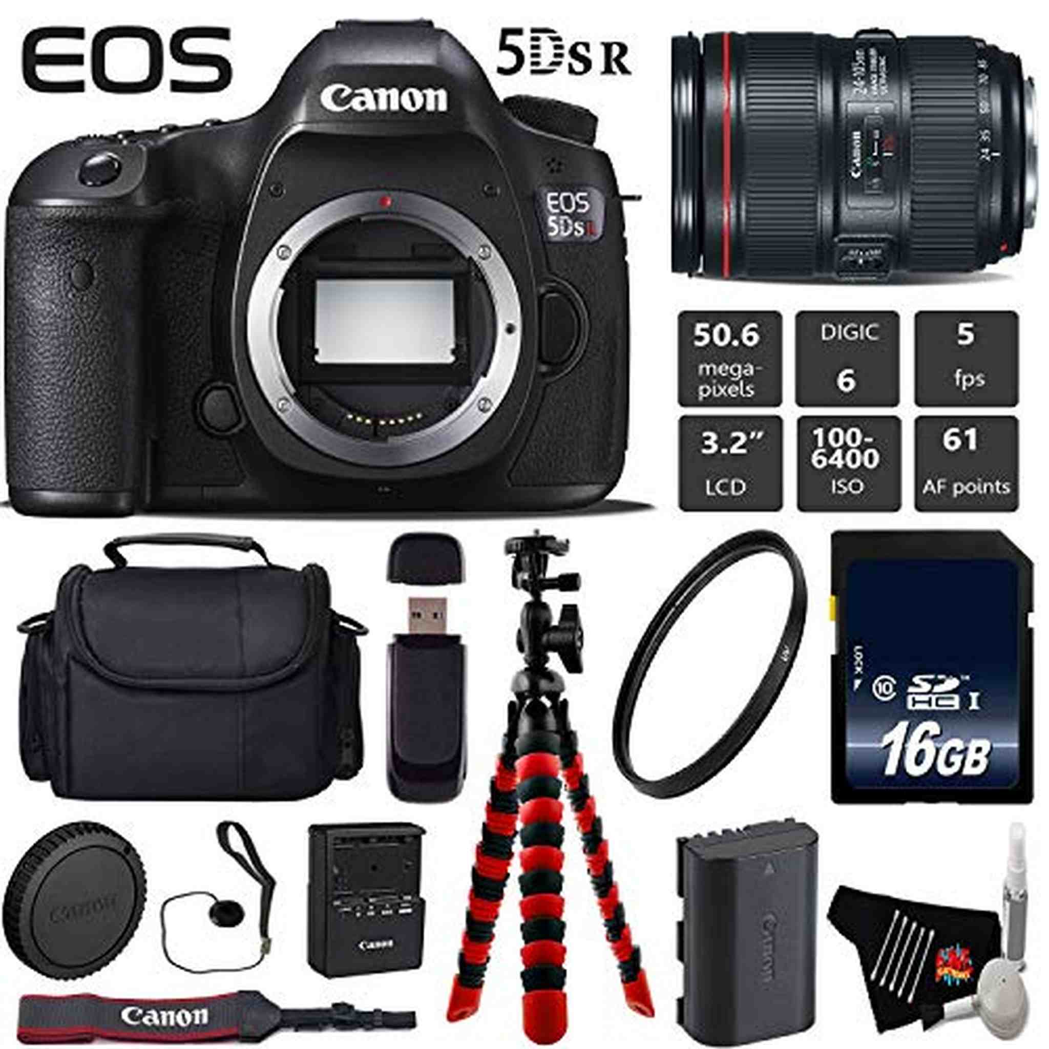 Canon EOS 5DS R DSLR Camera with 24-105mm f/4L II Lens + Wireless Remote + UV Protection Filter + Case + Wrist Strap + T Canon