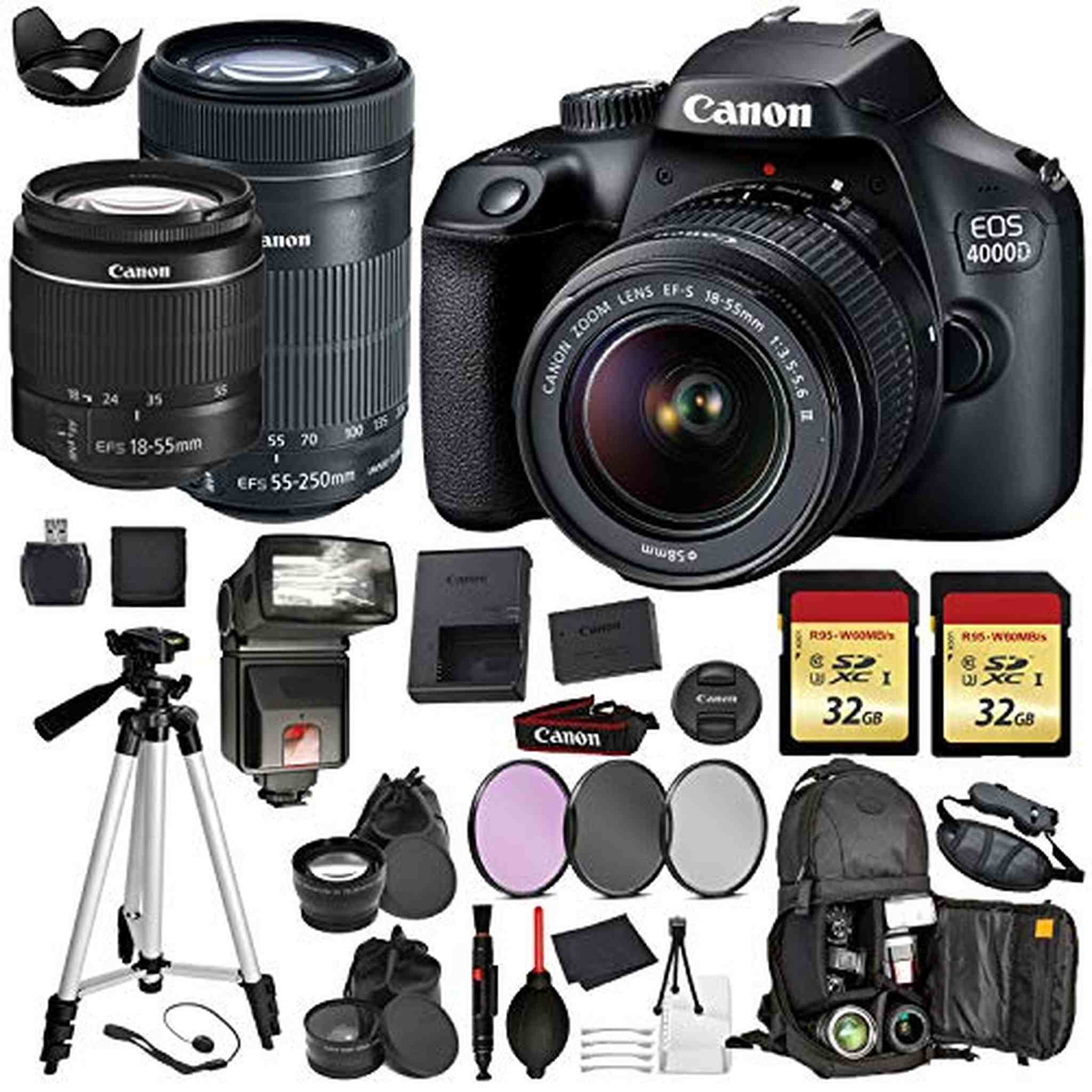 Canon EOS Rebel 4000d Digital SLR Camera with EF-S 18-55mm + EF-S 55-250mm STM Black Pro Accessory Bundle Package Deal Canon