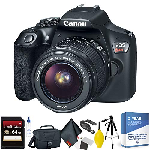 Canon EOS Rebel T6 DSLR Camera with 18-55mm Lens + 64GB Memory Card + Mega Accessory Kit + 2 Year Accidental Warranty Bundle Canon