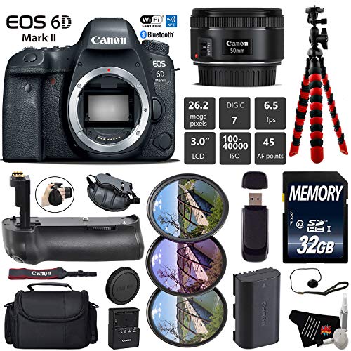 Canon EOS 6D Mark II DSLR Camera with 50mm f/1.8 STM Lens + Professional Battery Grip + UV FLD CPL Filter Kit + Case Starter Bundle Canon