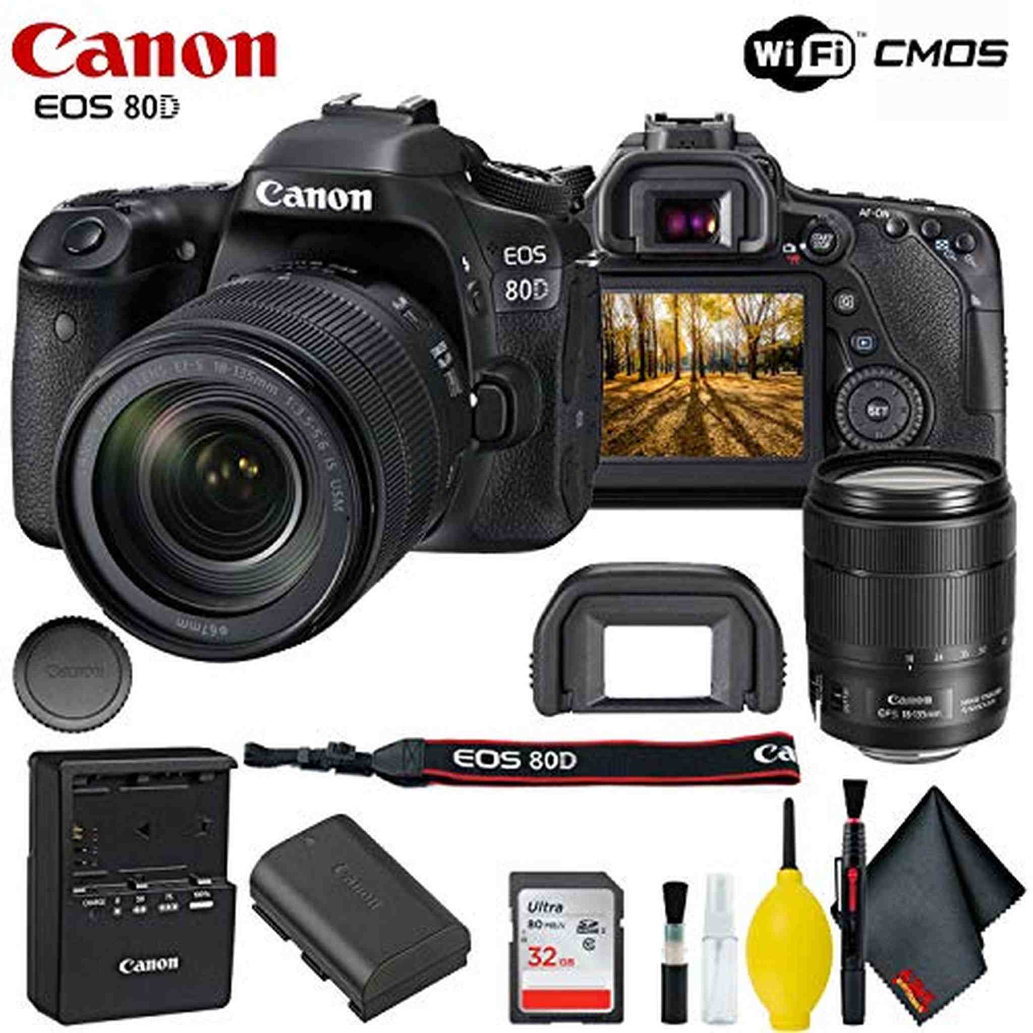 Canon EOS 80D DSLR Camera with 18-135mm Lens Accessory Bundle w/Cleaning Kit Canon