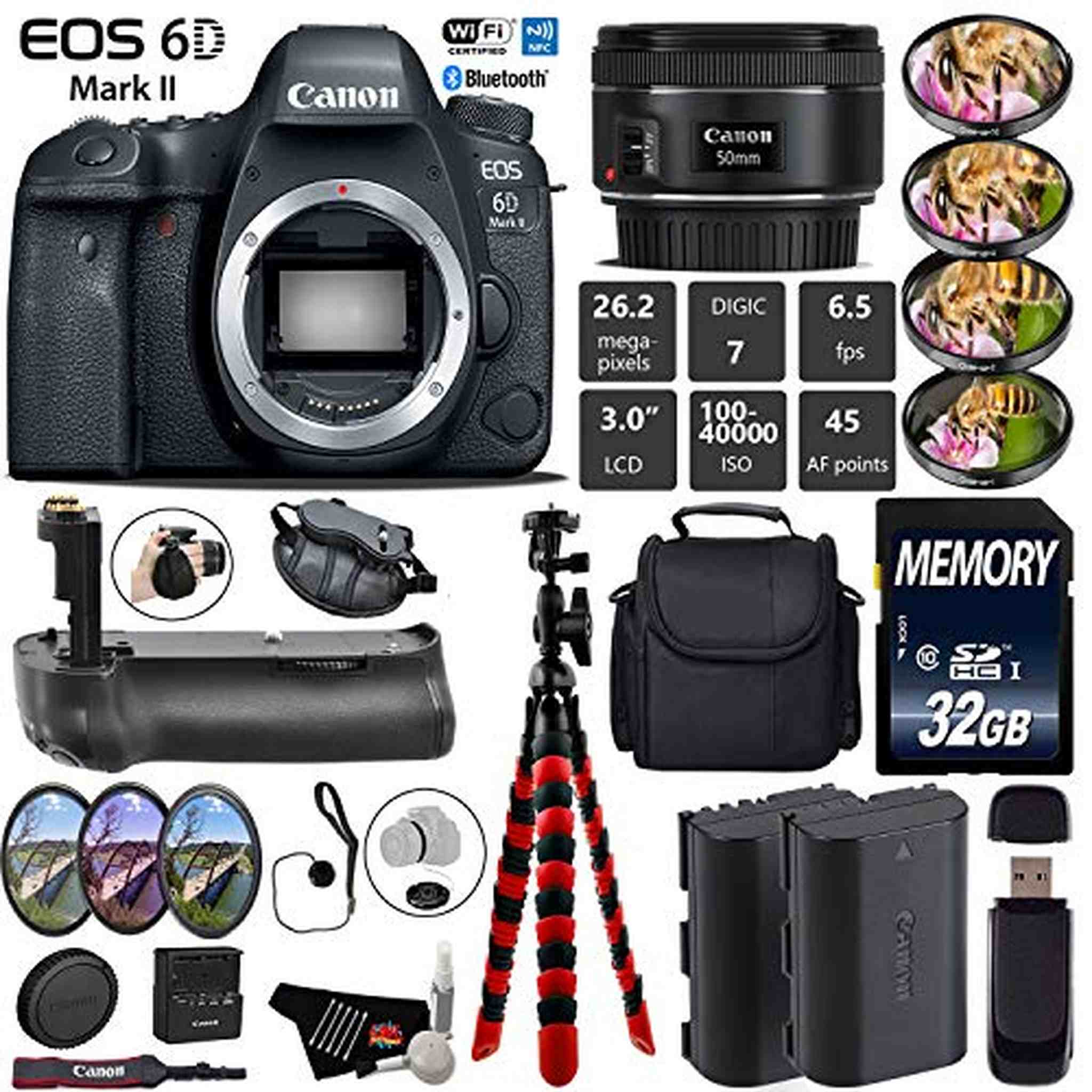 Canon EOS 6D Mark II DSLR Camera With 50mm 1.8 STM Lens + Professional Battery Grip + 4PC Macro Filter Kit + LED Kit Starter Bundle Canon