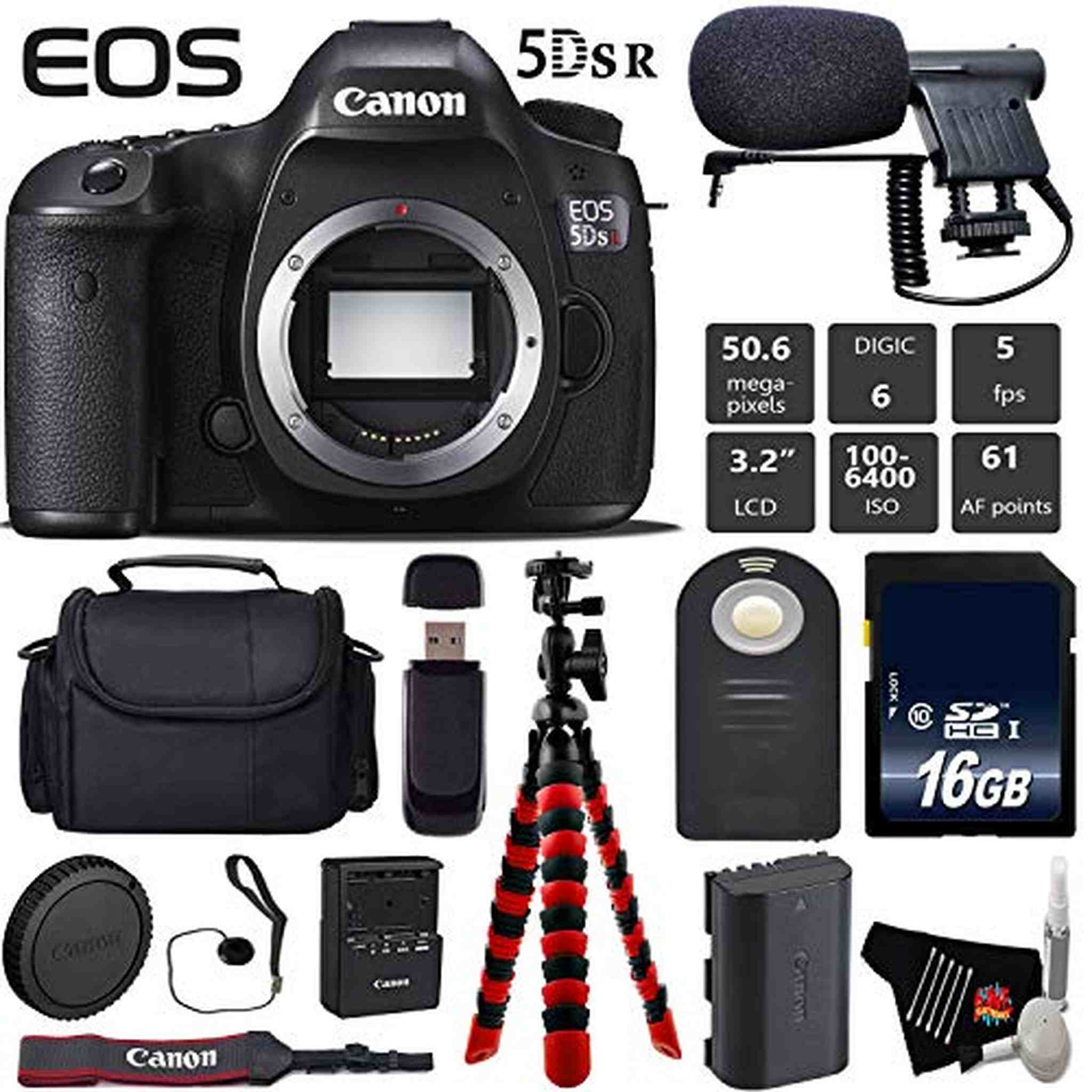 Canon EOS 5DS R DSLR Camera Body Only + Wireless Remote + Condenser Microphone + Case + Wrist Strap + Tripod Bundle Canon