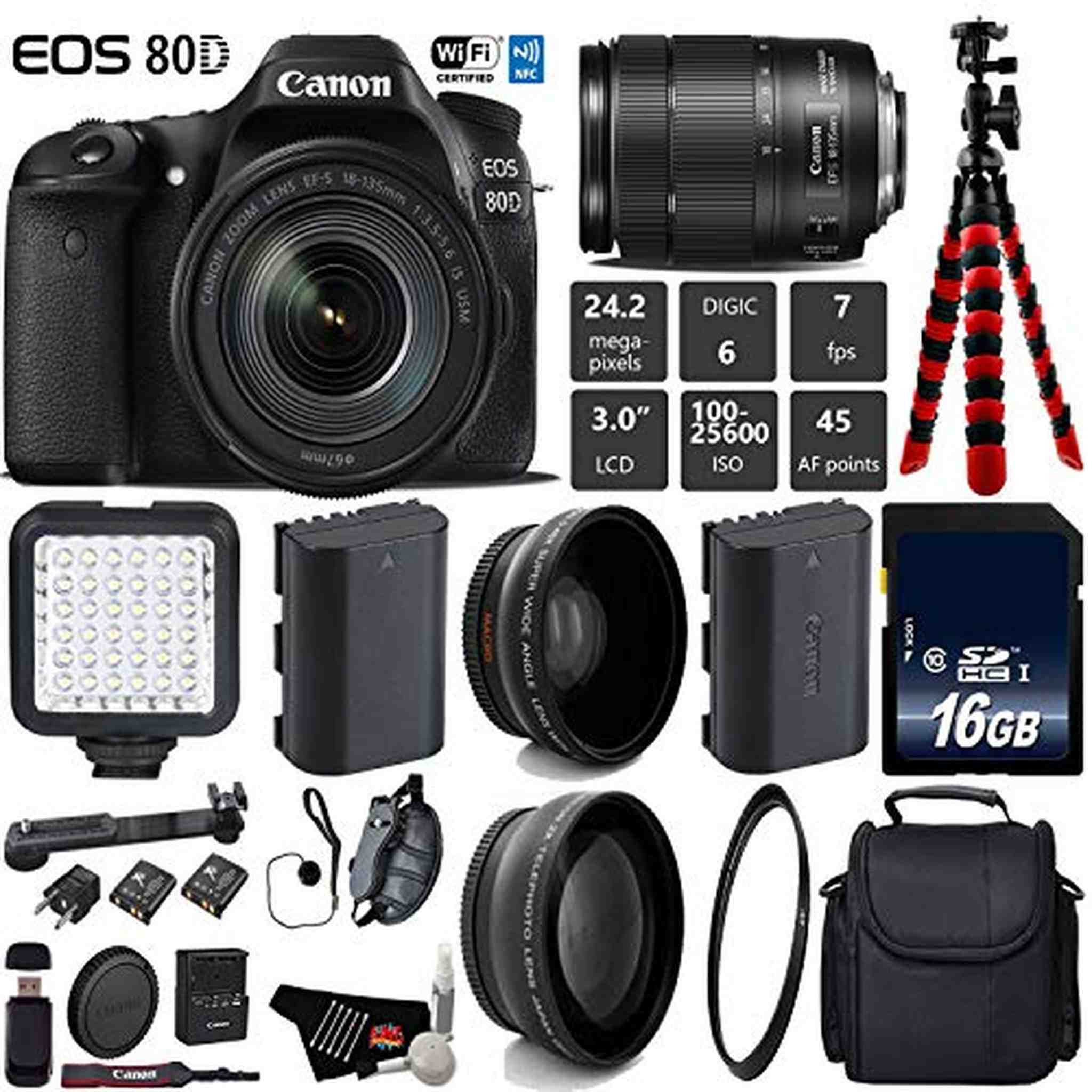 Canon EOS 80D DSLR Camera with 18-135mm is STM Lens + LED + UV FLD CPL Filter Kit + Wide Angle & Telephoto Lens + Camera Base Bundle Canon