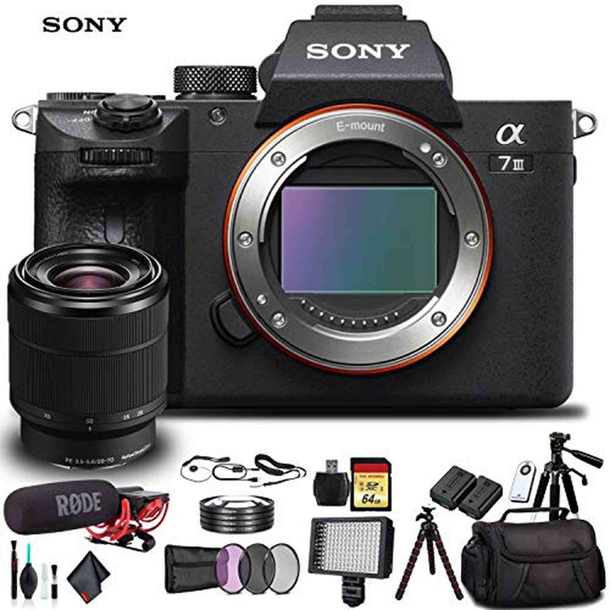 Sony Alpha a7 III Mirrorless Camera with 28-70mm Lens ILCE7M3K/B With Soft Bag, Additional Battery, Rode Mic, LED Light, 64GB Memory Card, Sling Soft Bag, Card Reader , Plus Essential Accessories Sony