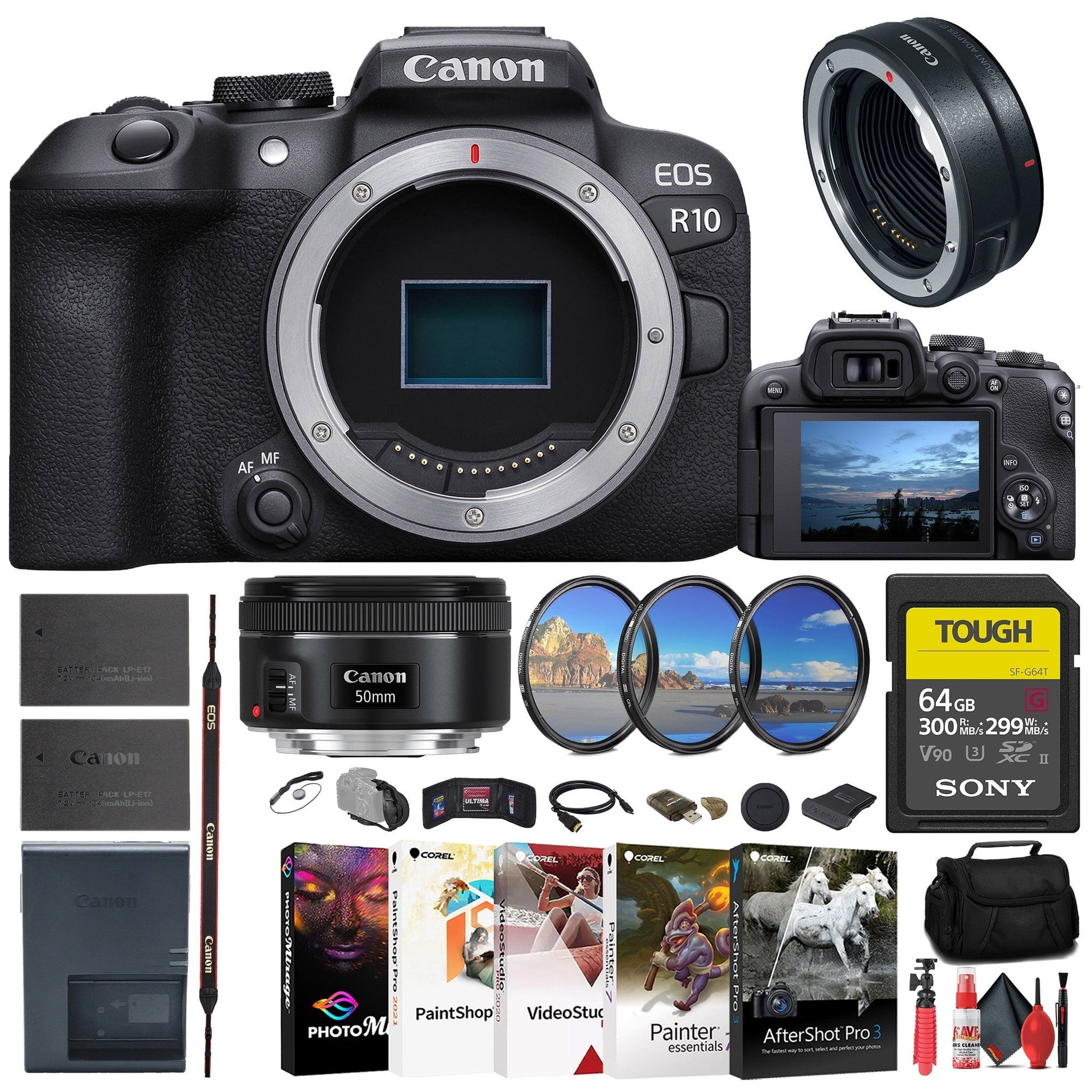 Canon EOS R10 Mirrorless Camera + Canon EF 50mm Lens + Canon Mount Adapter + More Canon