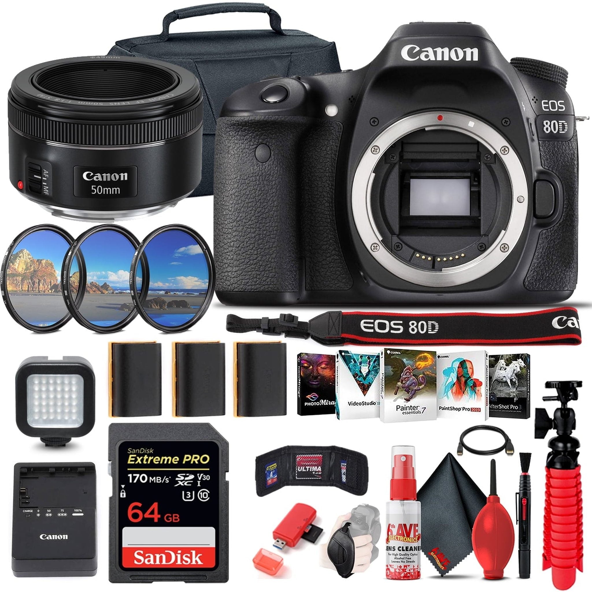 Canon EOS 80D DSLR Camera Body Only 1263C004 + EF 50mm Lens + 64GB Ultimate Bundle Canon