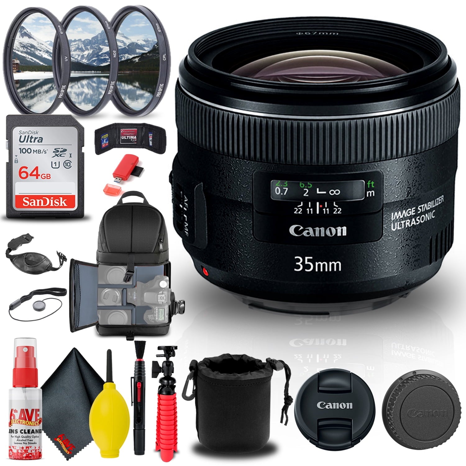 Canon EF 35mm f/2 IS USM Lens 5178B002 + Filter + BackPack + 64GB Card + More Canon