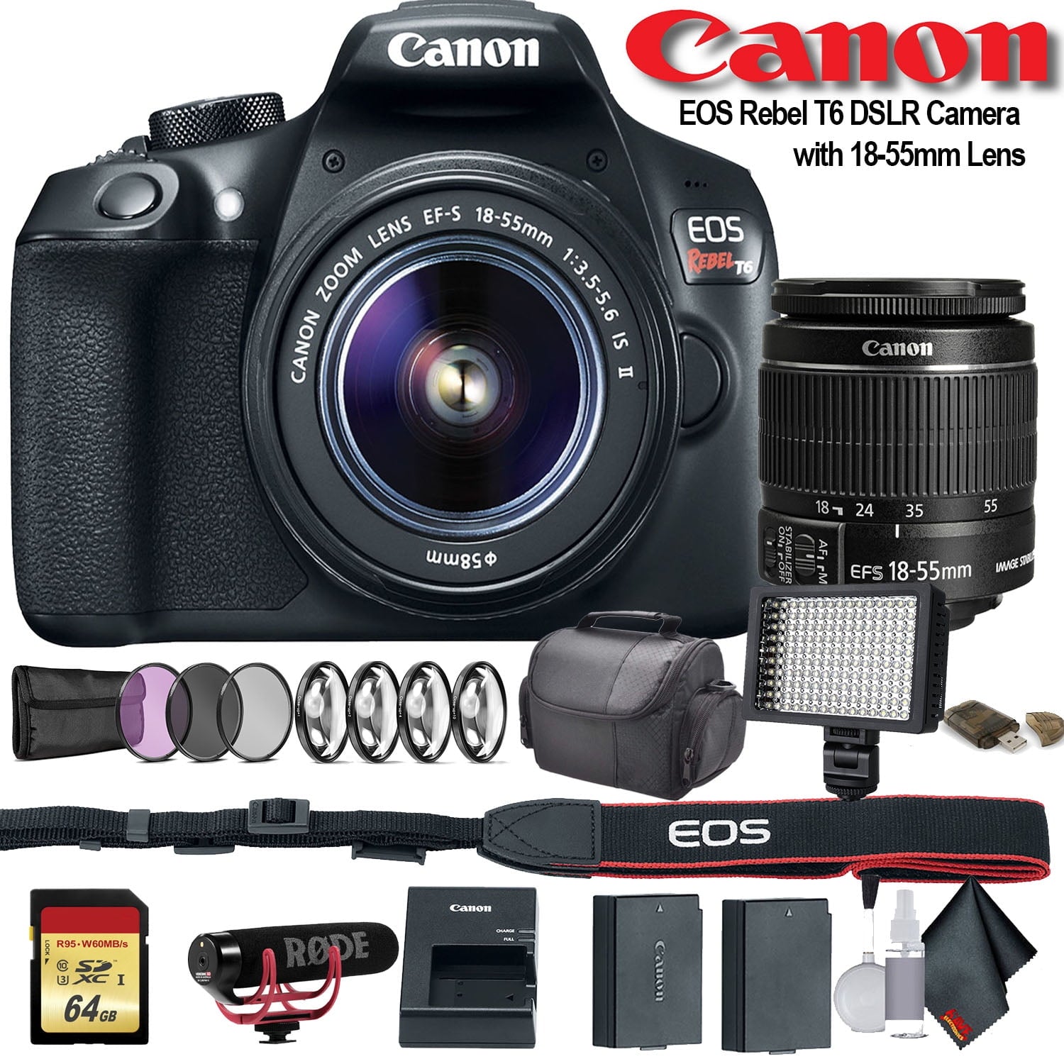 Canon EOS Rebel T6 DSLR Camera with 18-55mm Lens 1159C003 W/Bag, Extra Battery, LED Light, Mic, Filters and More - Adv Canon