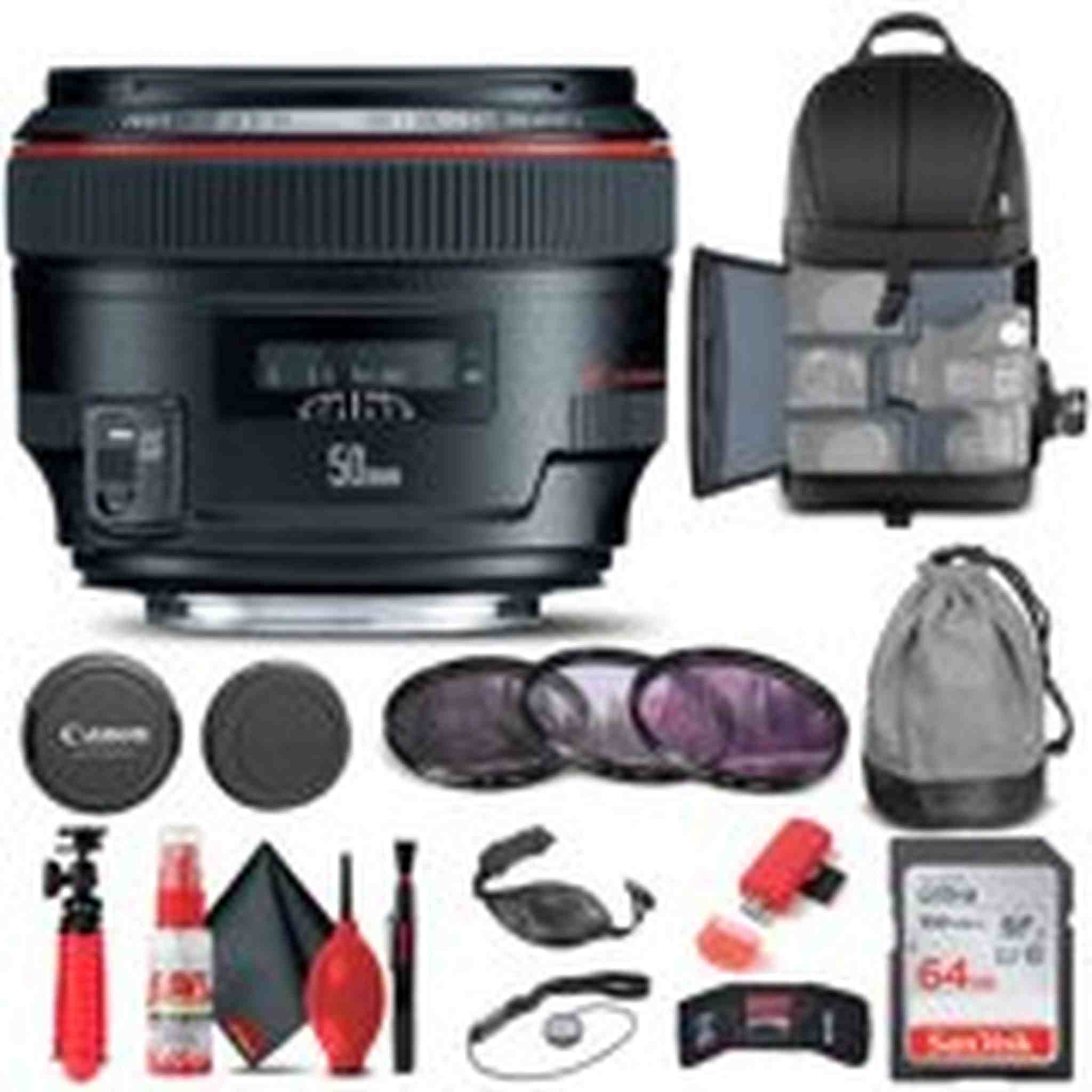 Canon EF 50mm f/1.2L USM Lens 1257B002 + Filter + BackPack + 64GB Card + More Canon