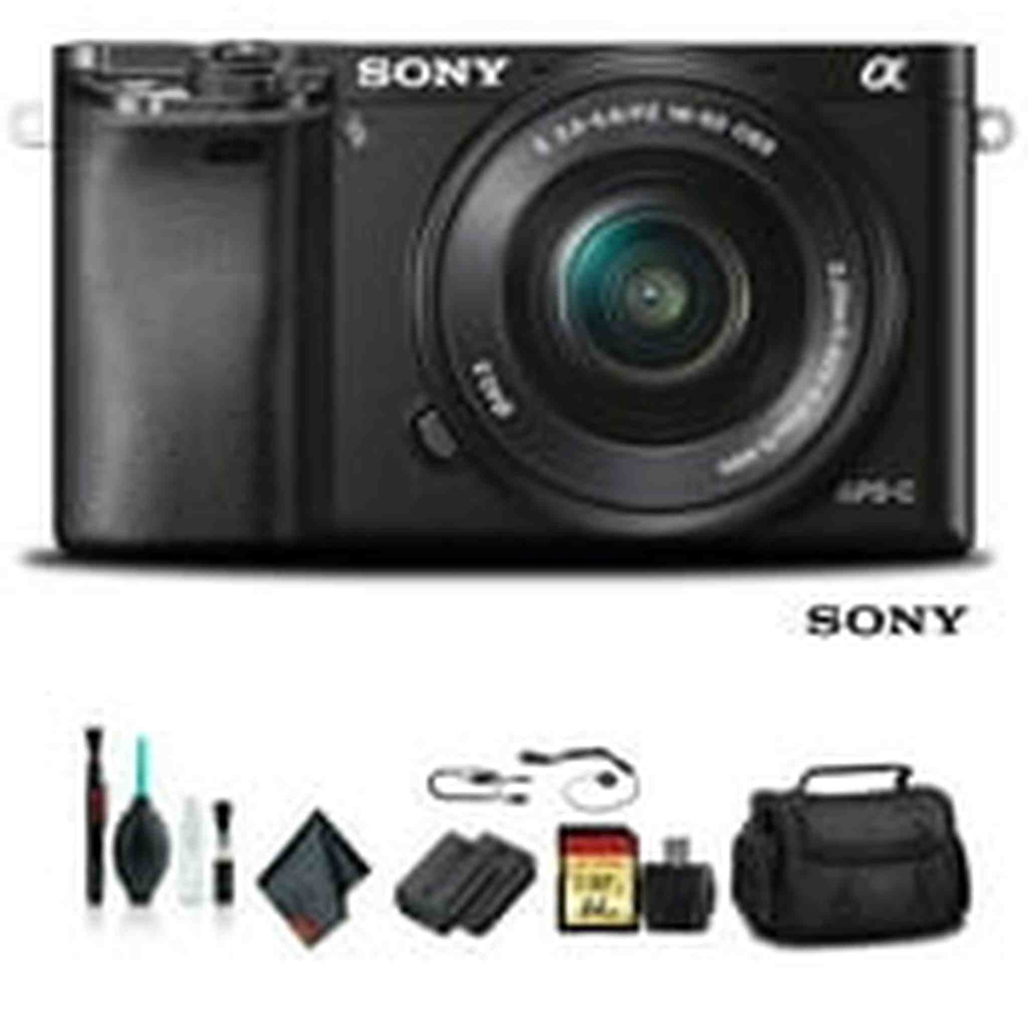 Sony Alpha a6000 Mirrorless Camera with 16-50mm Lens Black With Soft Bag, Tripod, Additional Battery, 64GB Memory Card, Card Reader , Plus Essential Accessories Sony