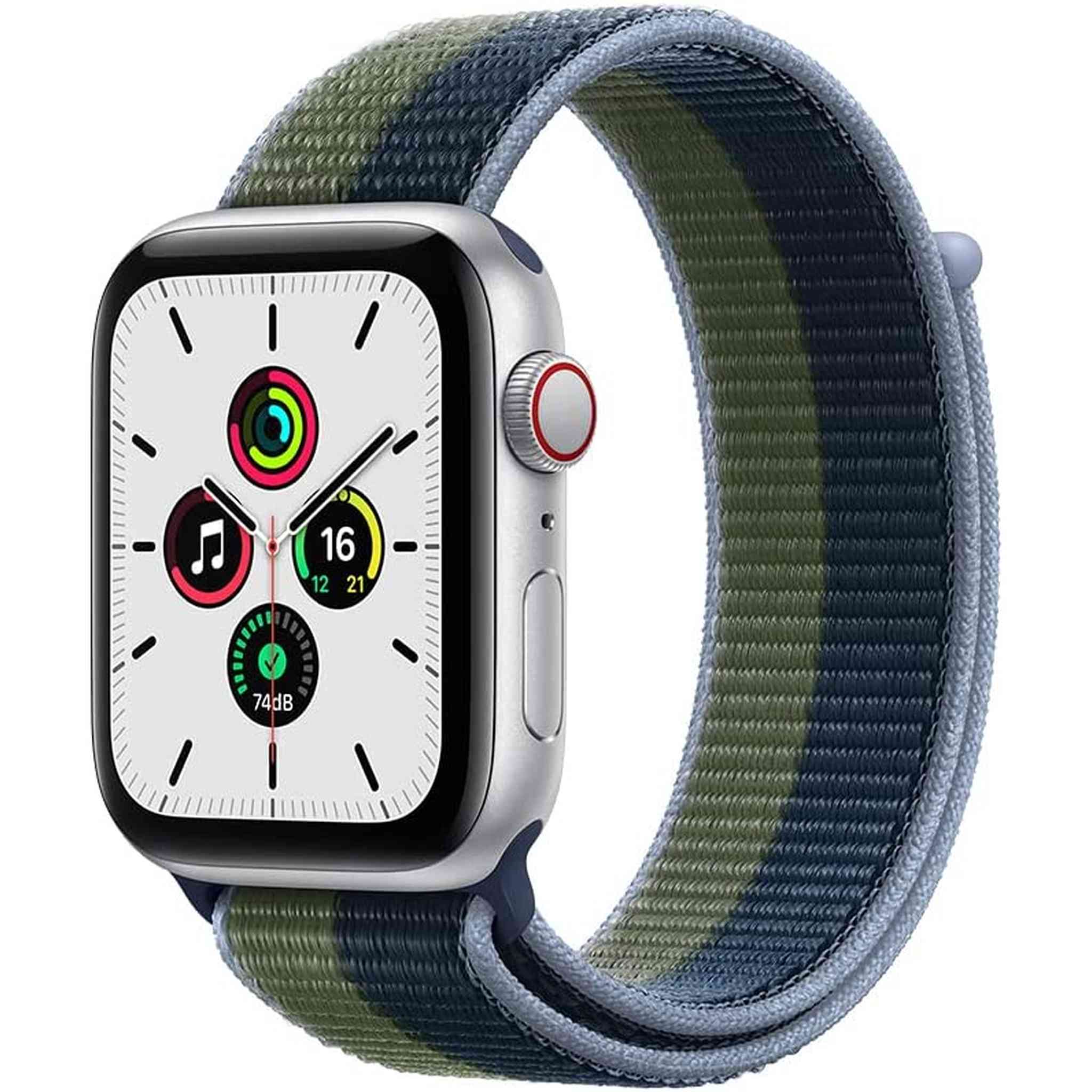 Apple Watch SE (1st Generation) (GPS + Cellular) Smartwatch with 40mm Silver Aluminum Case and Abyss Blue/Moss Green Sport Loop Strap. (Waterproof)