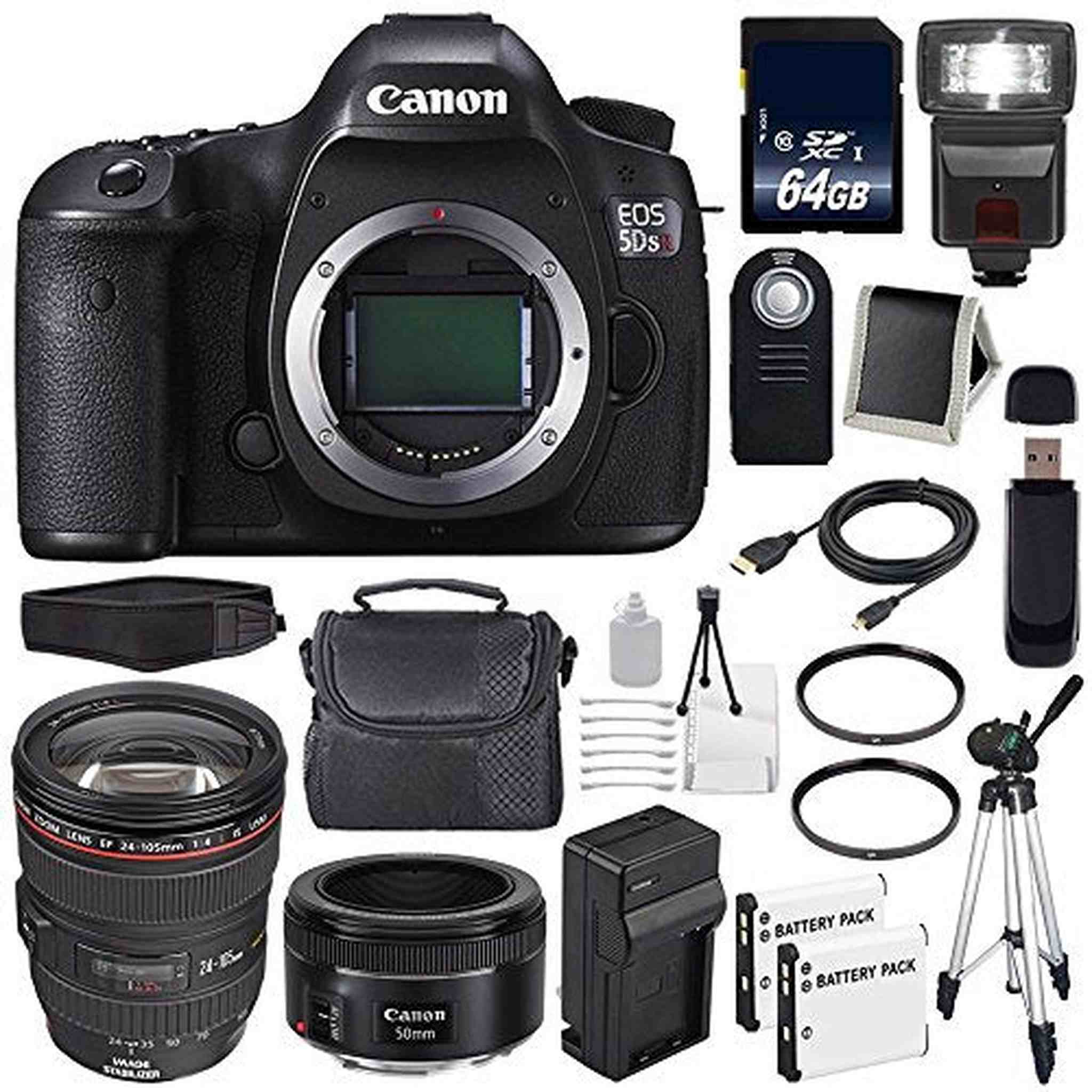 Canon EOS 5DS R DSLR Camera International Model 0582C002 + Canon EF 24-105mm f/4L is USM Lens + EF 50mm f/1.8 STM Lens + LP-E6 Replacement Battery + Charger + 64GB SDXC Card Bundle Canon