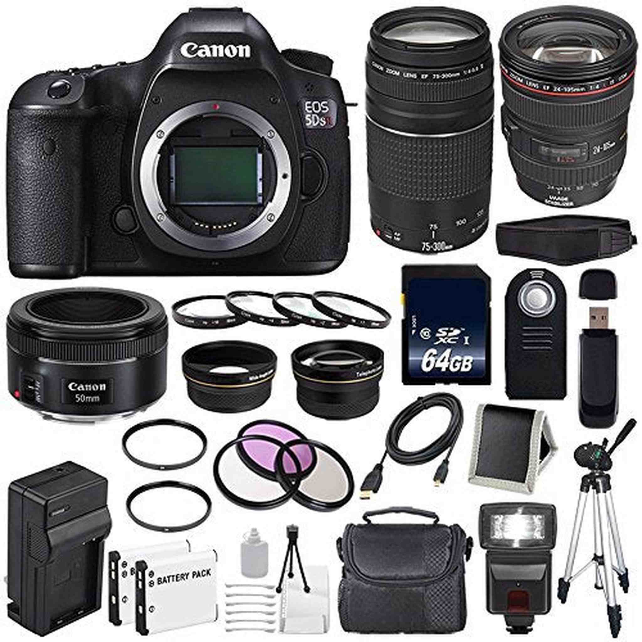 Canon EOS 5DS R DSLR Camera International Model 0582C002 + Canon EF 24-105mm f/4L is USM Lens + Canon EF 75-300 III Supreme Bundle Canon