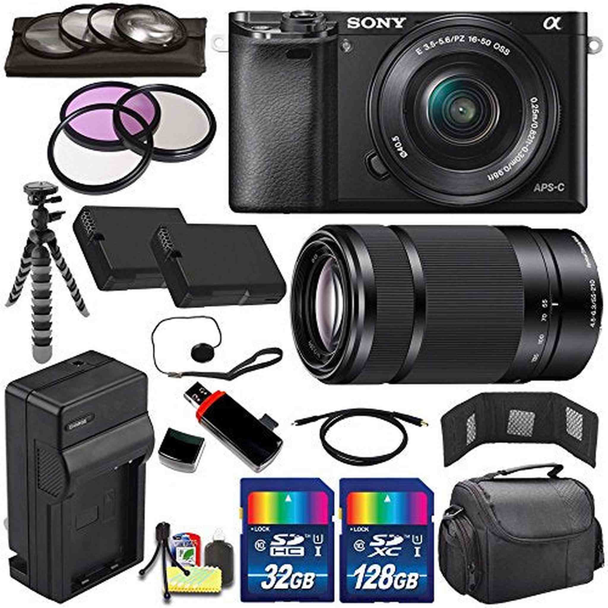 Sony Alpha a6000 Mirrorless Digital Camera with 16-50mm Lens Black + Sony E 55-210mm f/4.5-6.3 OSS E-Mount Lens 160GB Bundle Sony