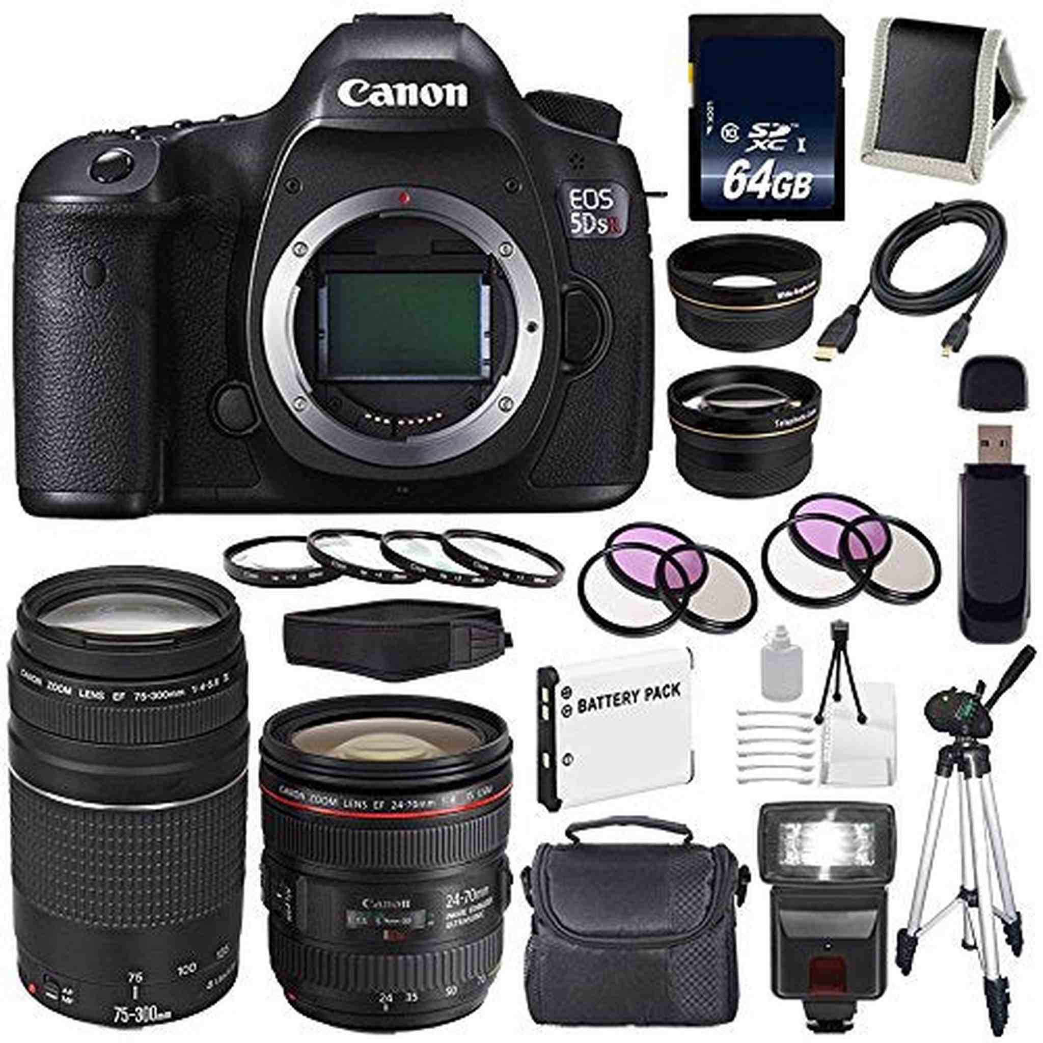 Canon EOS 5DS R DSLR Camera International Model 0582C002 + Canon EF 24-70mm f/4L is USM Lens + Canon EF 75-300 III Pro Bundle Canon