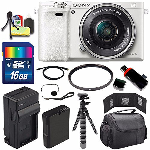 Sony Alpha a6000 Mirrorless Digital Camera with 16-50mm Lens White + Battery + Charger + 16GB Bundle 1 - International Sony