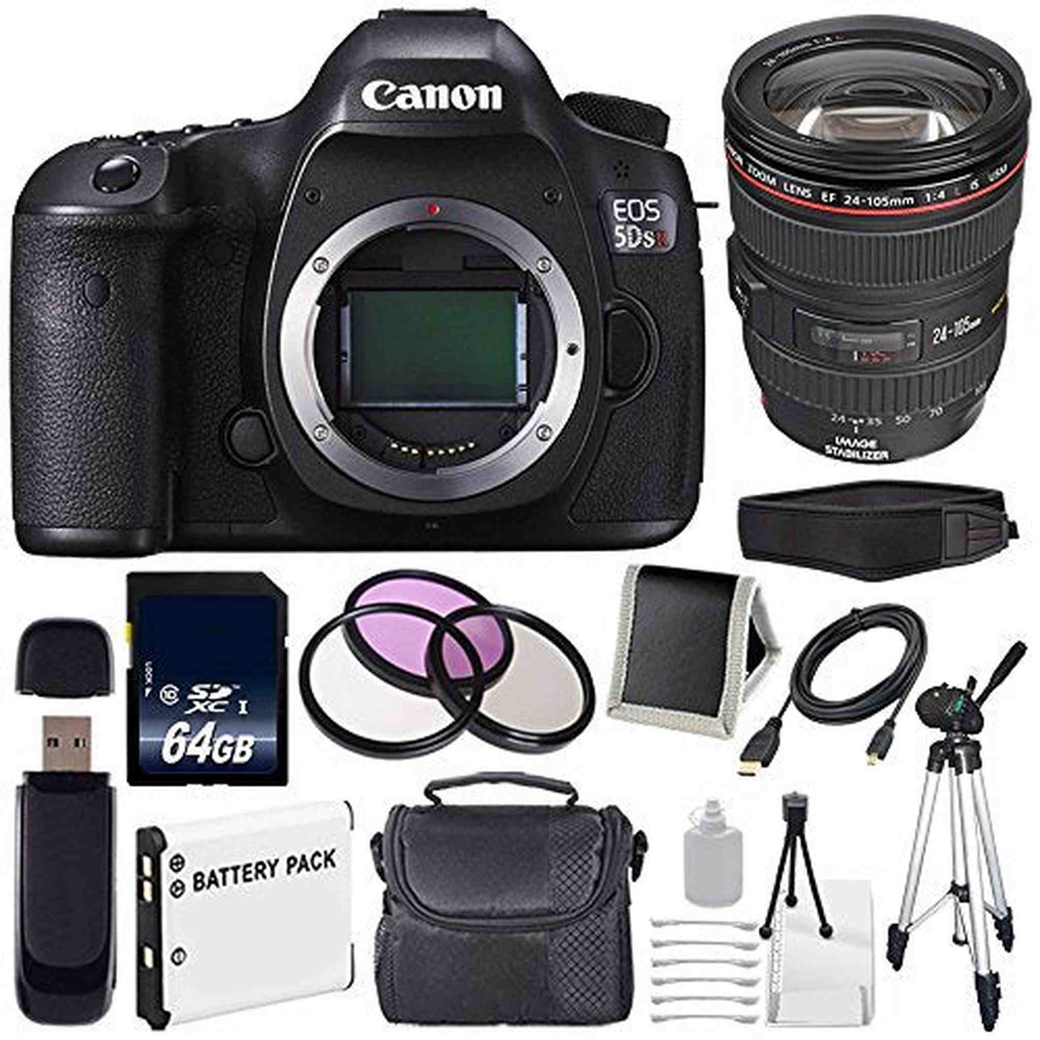 Canon EOS 5DS R DSLR Camera International Model 0582C002 + Canon EF 24-105mm f/4L is USM Lens + LP-E6 Battery + 64GB Card Ultimate Bundle Canon