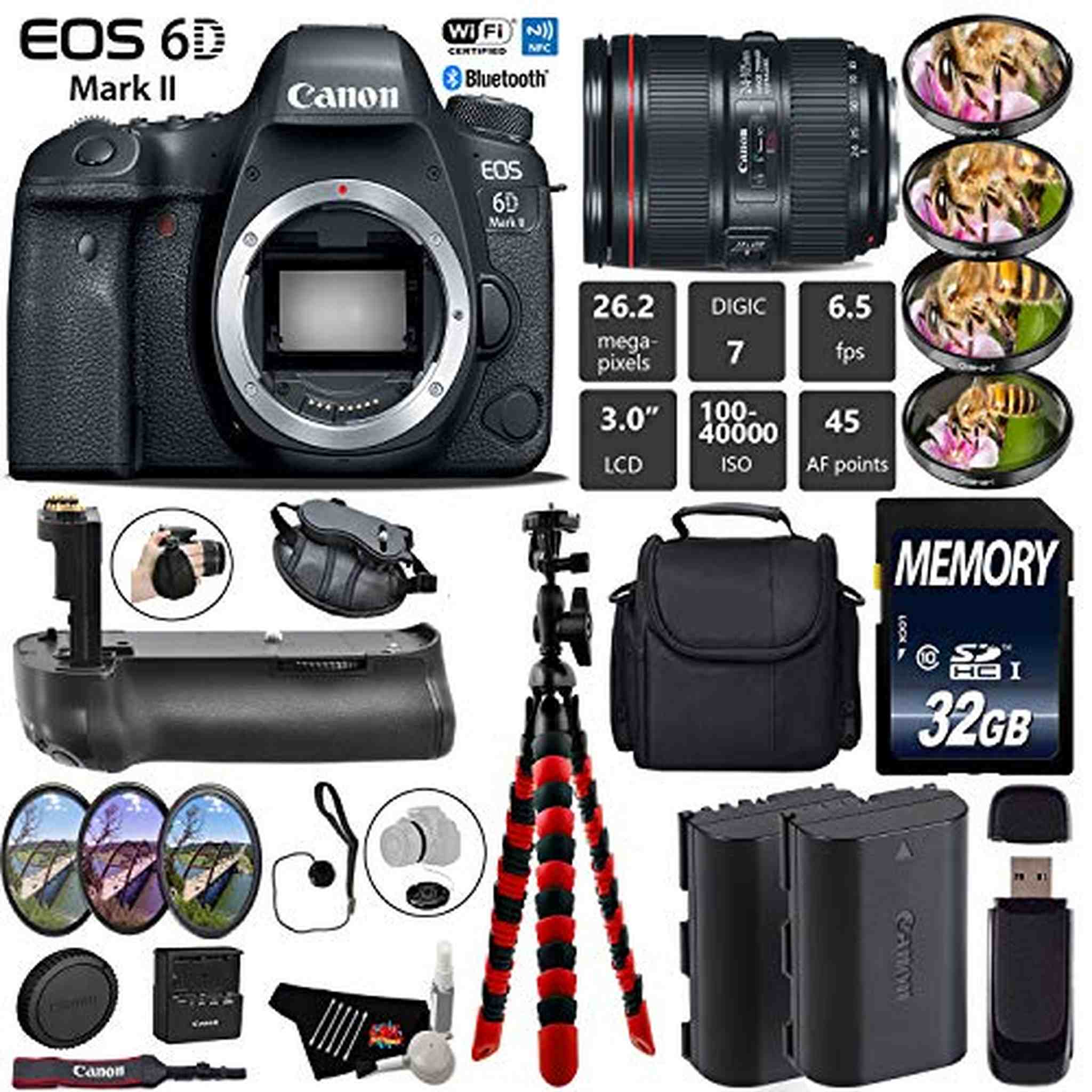 Canon EOS 6D Mark II DSLR Camera with 24-105mm f/4L II Lens + Professional Battery Grip + 4PC Macro Filter Kit + LED Kit Starter Bundle Canon