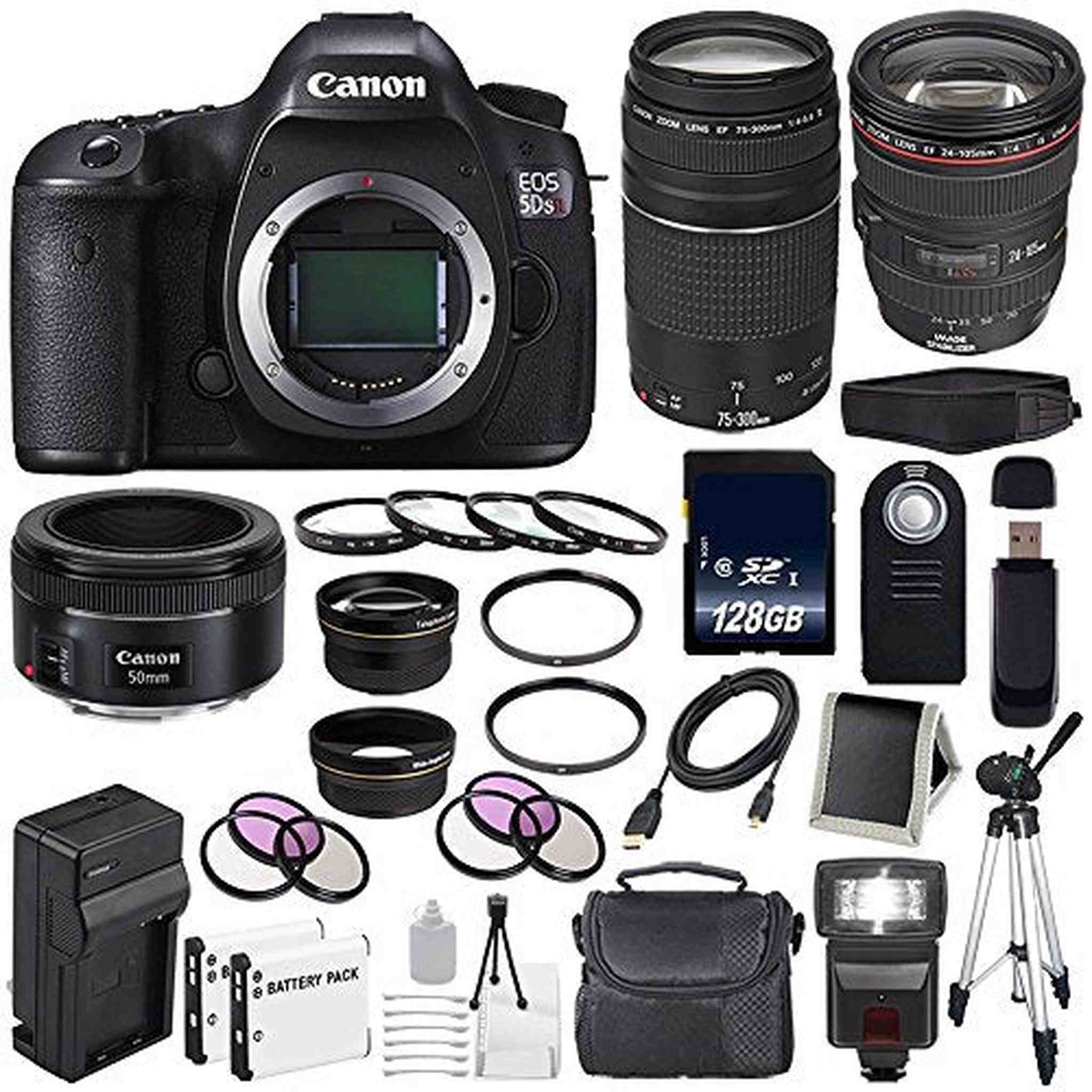 Canon EOS 5DS R DSLR Camera International Model 0582C002 + Canon EF 24-105mm f/4L is USM Lens + Canon EF 75-300 III Deluxe Bundle Canon