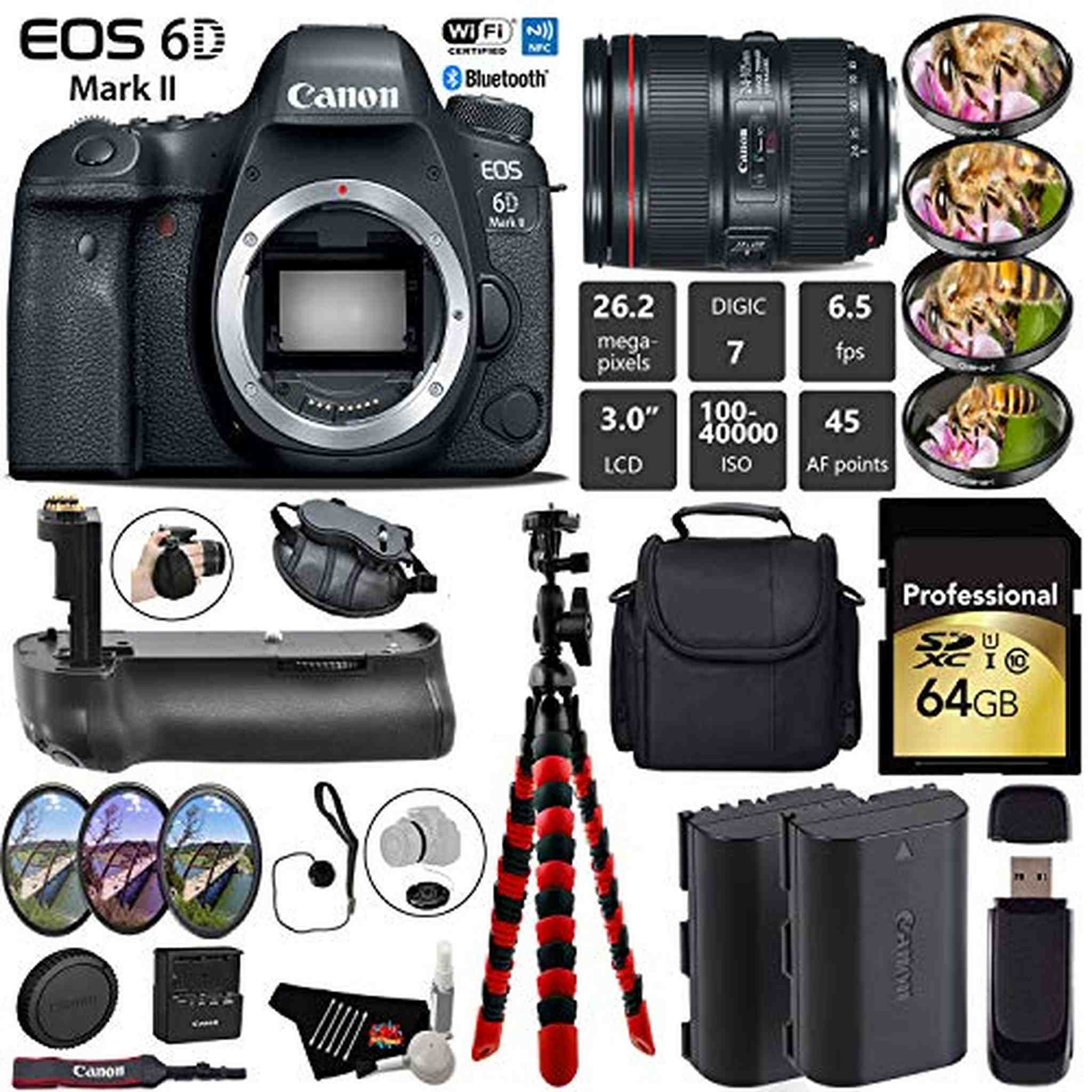 Canon EOS 6D Mark II DSLR Camera with 24-105mm f/4L II Lens + Professional Battery Grip + 4PC Macro Filter Kit + LED Kit Pro Bundle Canon