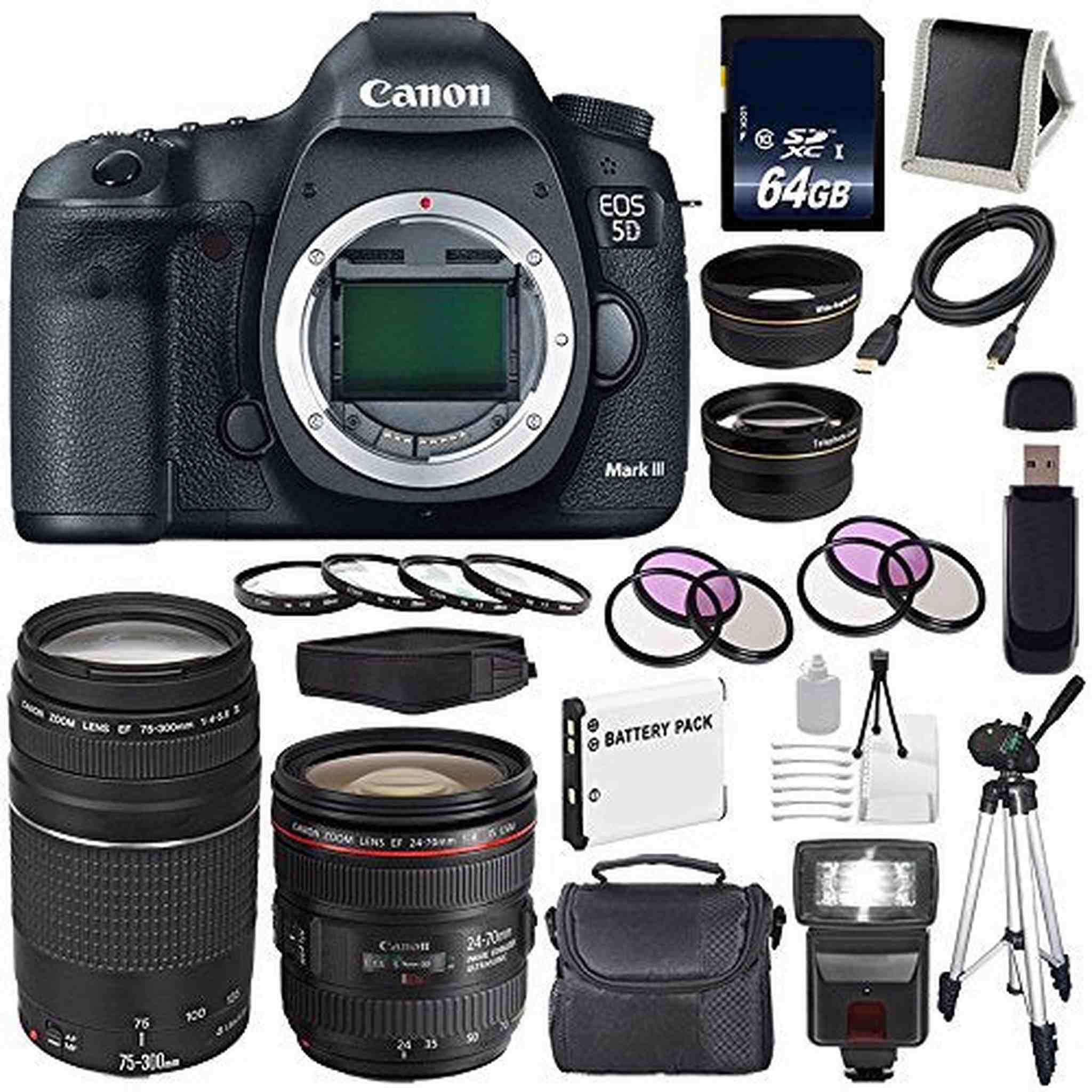 Canon EOD 5D III Digital Camera International Model + Canon EF 24-70mm f/4L is USM Lens + Canon EF 75-300 III Pro Bundle Canon