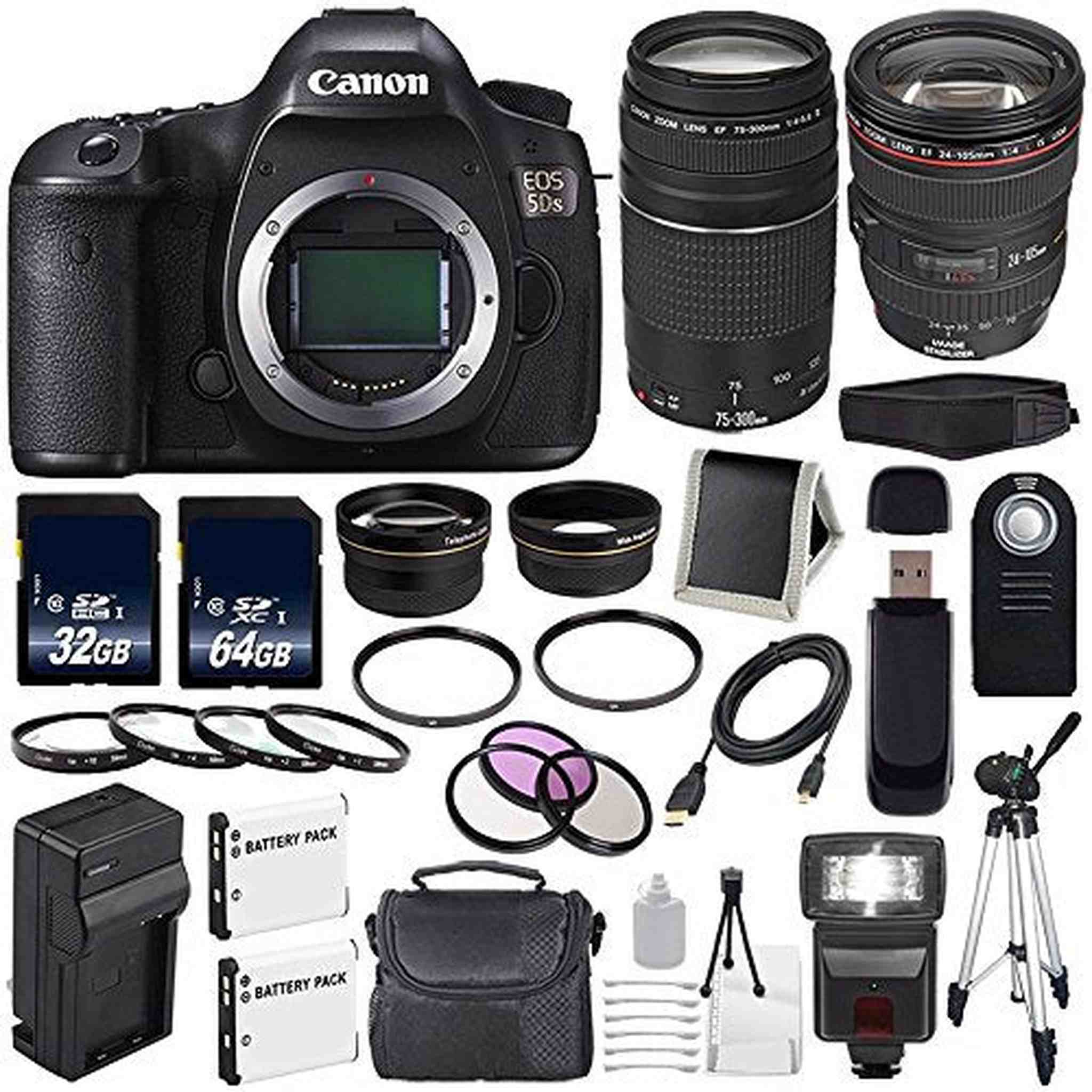 Canon EOS 5DS DSLR Camera International Model 0581C002 + Canon EF 24-105mm f/4L is USM Lens + Canon EF 75-300 III+ LP- Canon