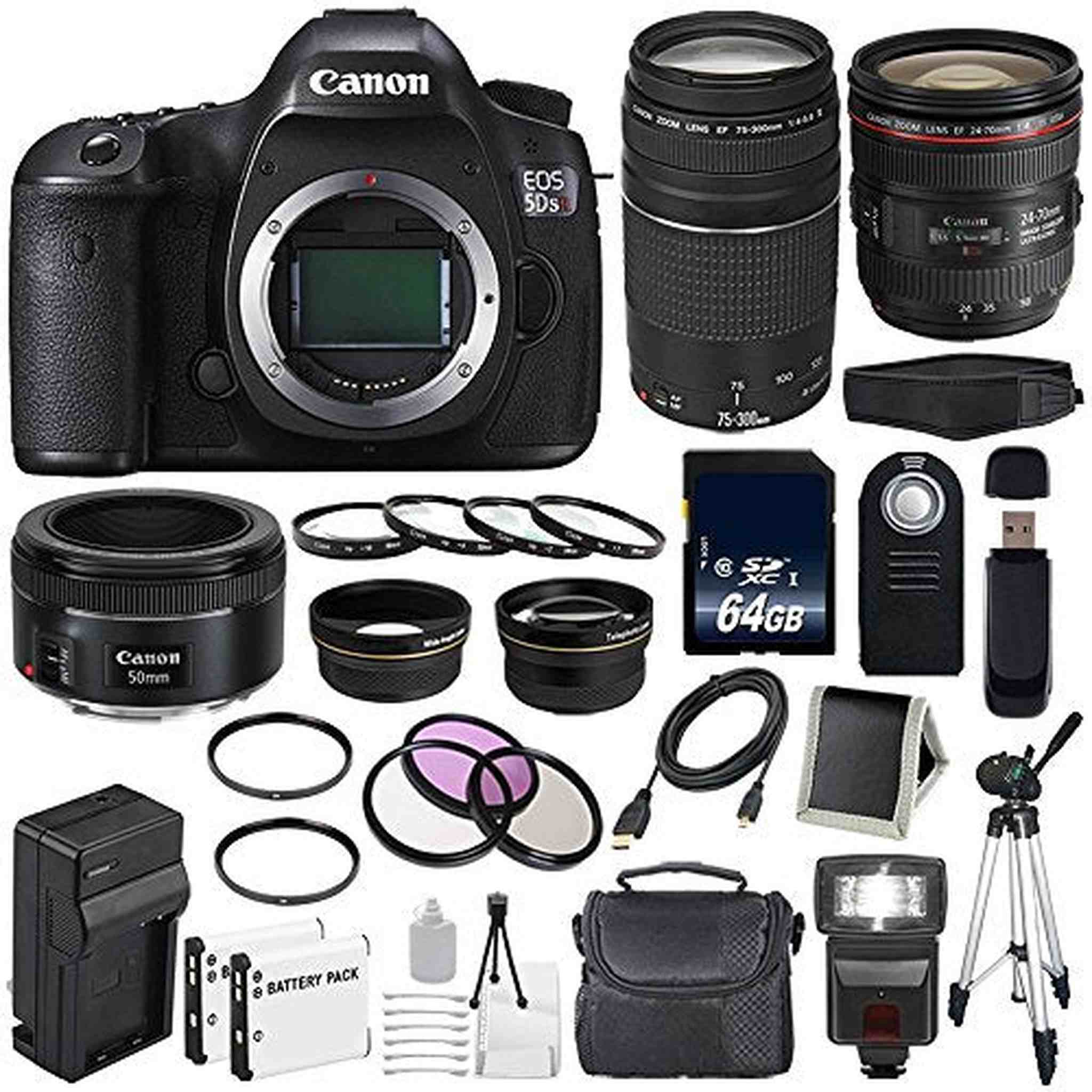 Canon EOS 5DS R DSLR Camera International Model 0582C002 + Canon EF 24-70mm f/4L is USM Lens + Canon EF 75-300 III Supreme Bundle Canon