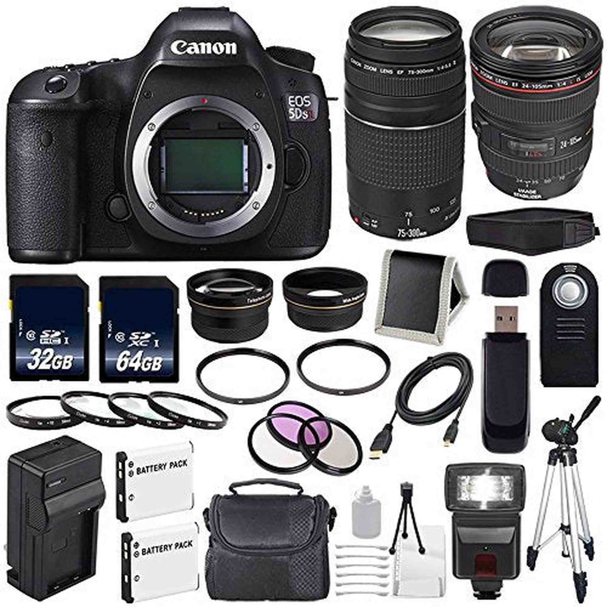 Canon EOS 5DS R DSLR Camera International Model 0582C002 + Canon EF 24-105mm f/4L is USM Lens + Canon EF 75-300 III Advanced Bundle Canon