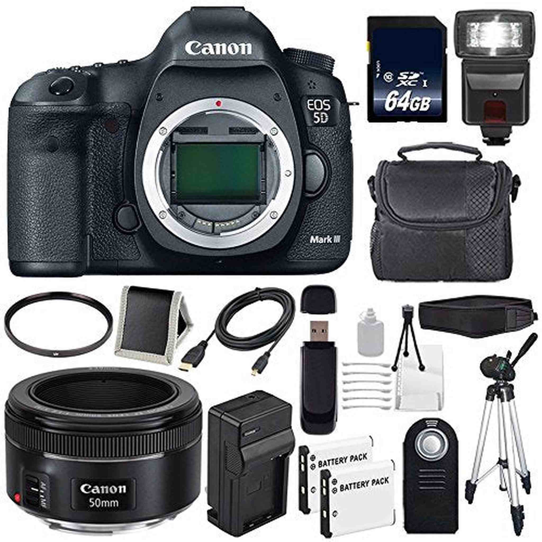 Canon EOD 5D III Digital Camera International Model + Canon EF 50mm f/1.8 STM Lens + LP-E6 Battery + 64GB Memory Card Storage Bundle Canon