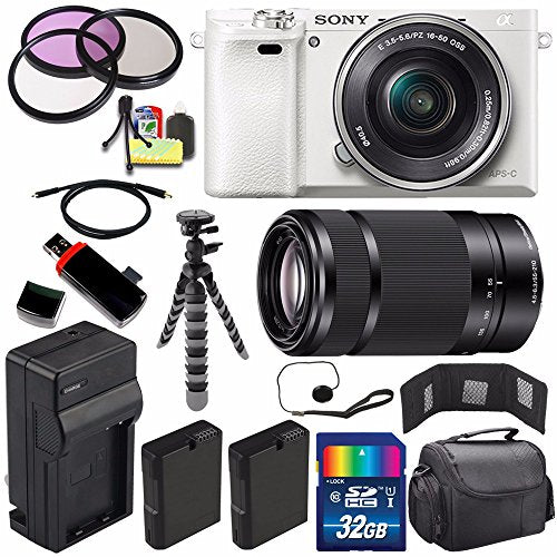 Sony Alpha a6000 Mirrorless Digital Camera with 16-50mm Lens White + Sony E 55-210mm f/4.5-6.3 OSS E-Mount Lens 32GB Ultimate Bundle Sony