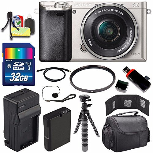 Sony Alpha a6000 Mirrorless Digital Camera with 16-50mm Lens Silver + Battery + Charger + 32GB Bundle 2 - Internationa Sony