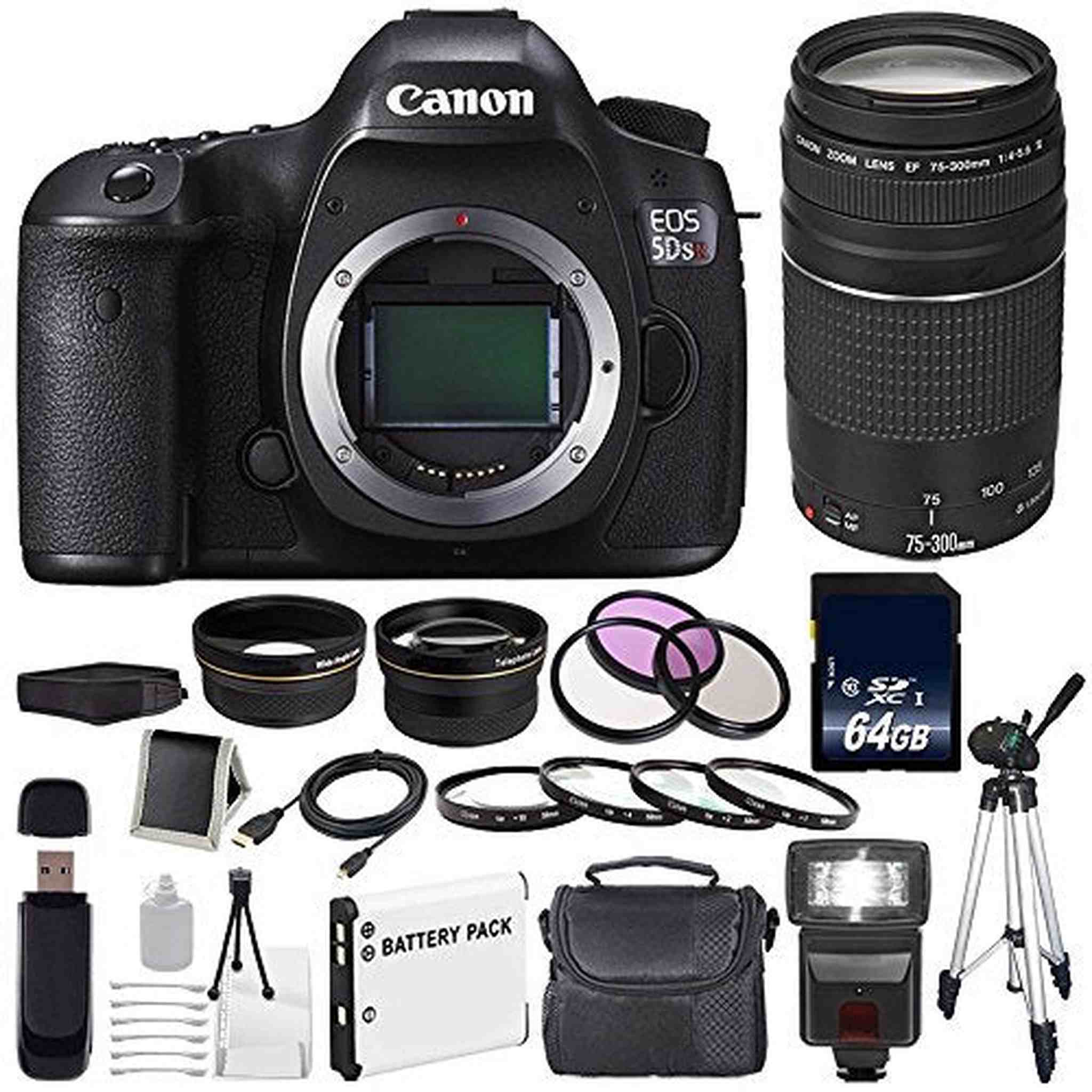 Canon EOS 5DS R DSLR Camera International Model 0582C002 + Canon EF 75-300 III+ LP-E6 Replacement Battery + 64GB SDXC Pro Bundle Canon