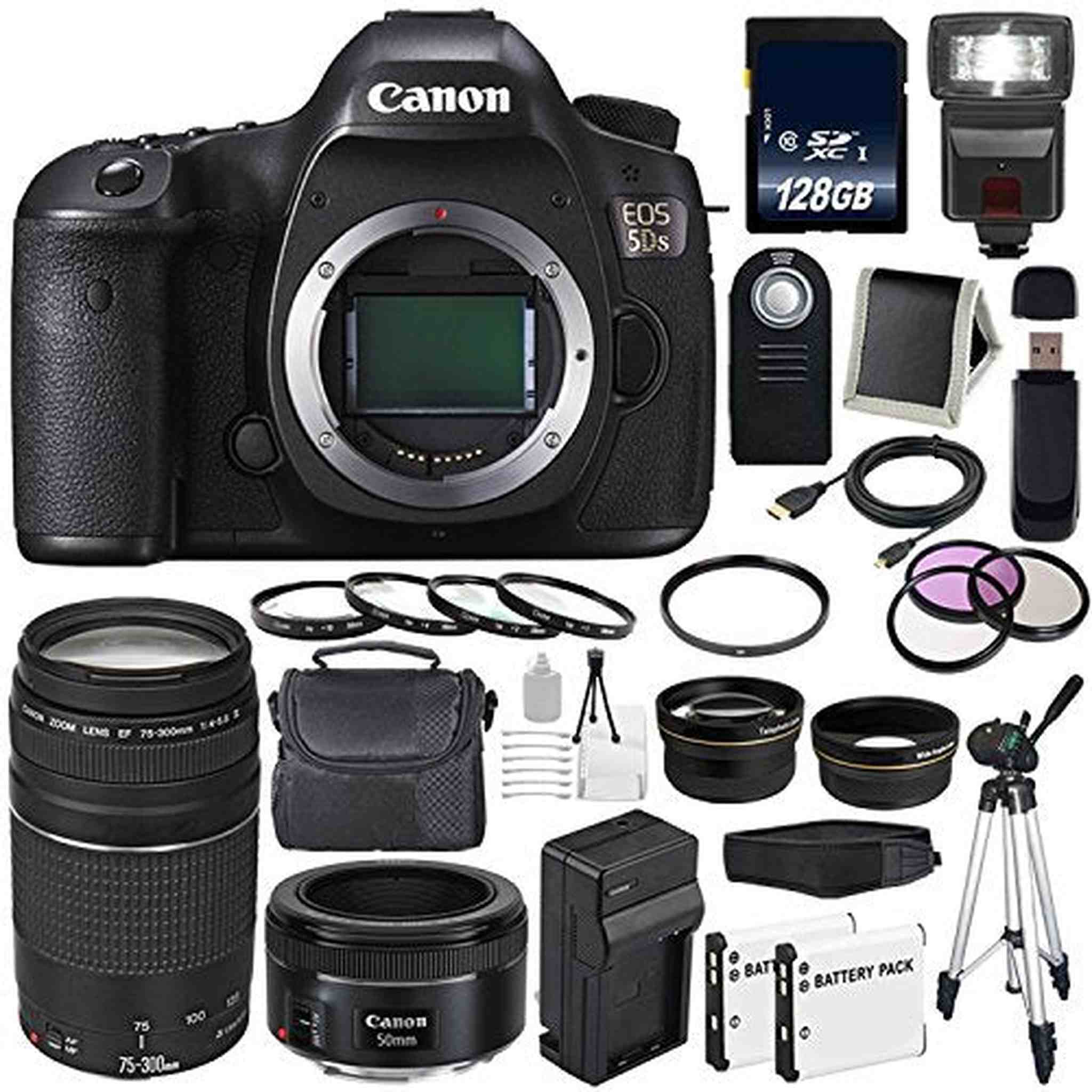 Canon EOS 5DS DSLR Camera International Model 0581C002 + Canon EF 75-300 III+ EF 50mm f/1.8 STM Lens Deluxe Bundle Canon