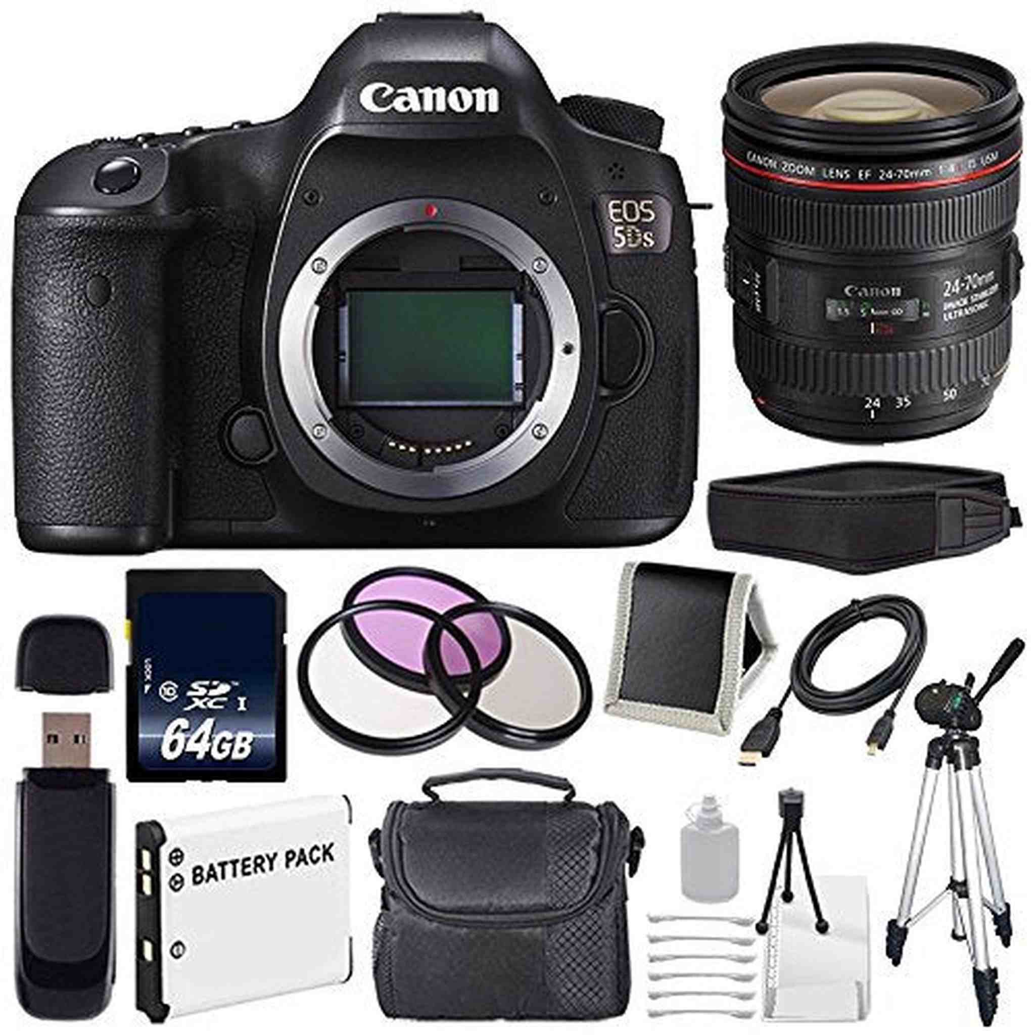 Canon EOS 5DS DSLR Camera International Model 0581C002 + Canon EF 24-70mm f/4L is USM Lens + LP-E6 Battery + 64GB Card Outdoor Bundle Canon