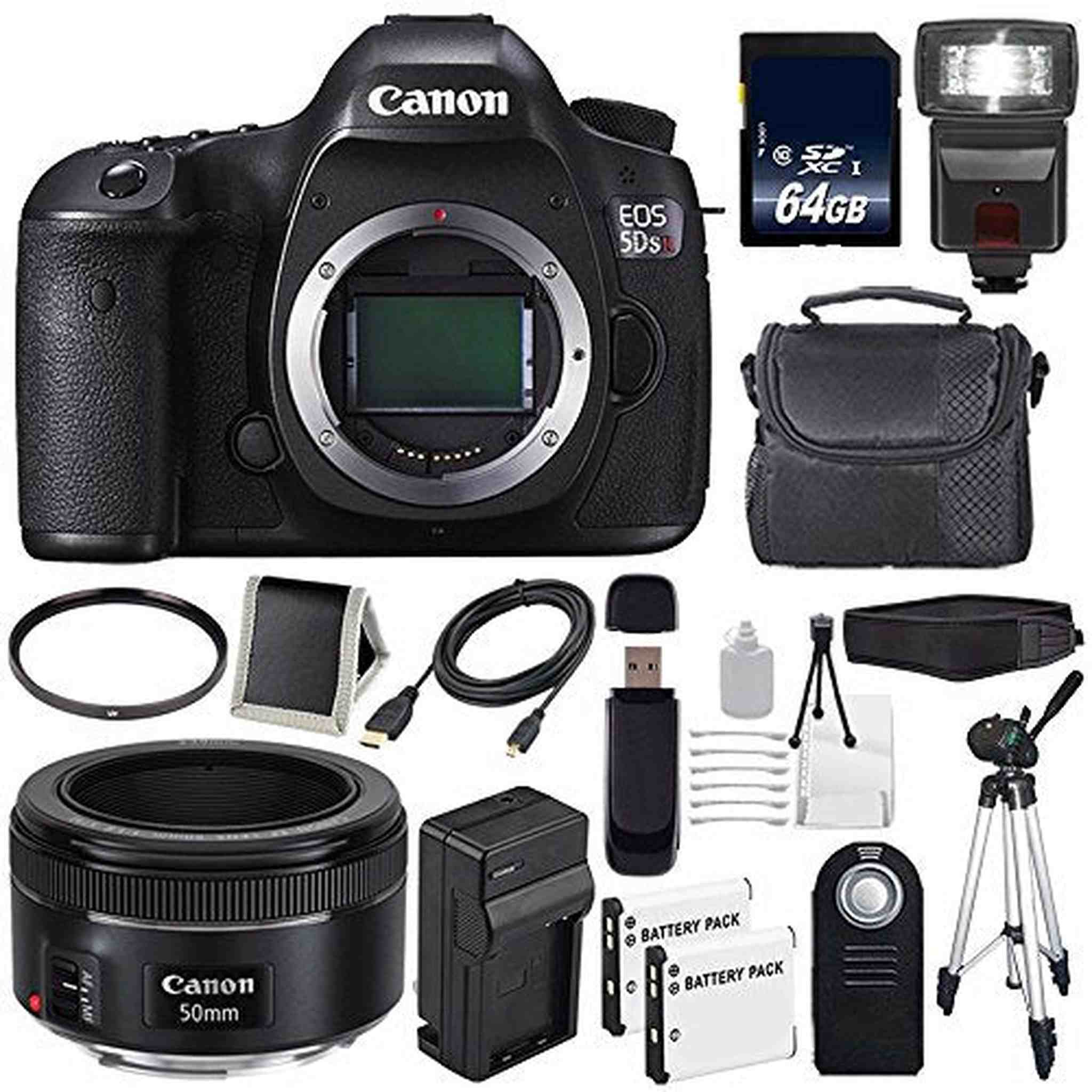 Canon EOS 5DS R DSLR Camera International Model 0582C002 + Canon EF 50mm f/1.8 STM Lens + LP-E6 Battery + 64GB Card Storage Bundle Canon