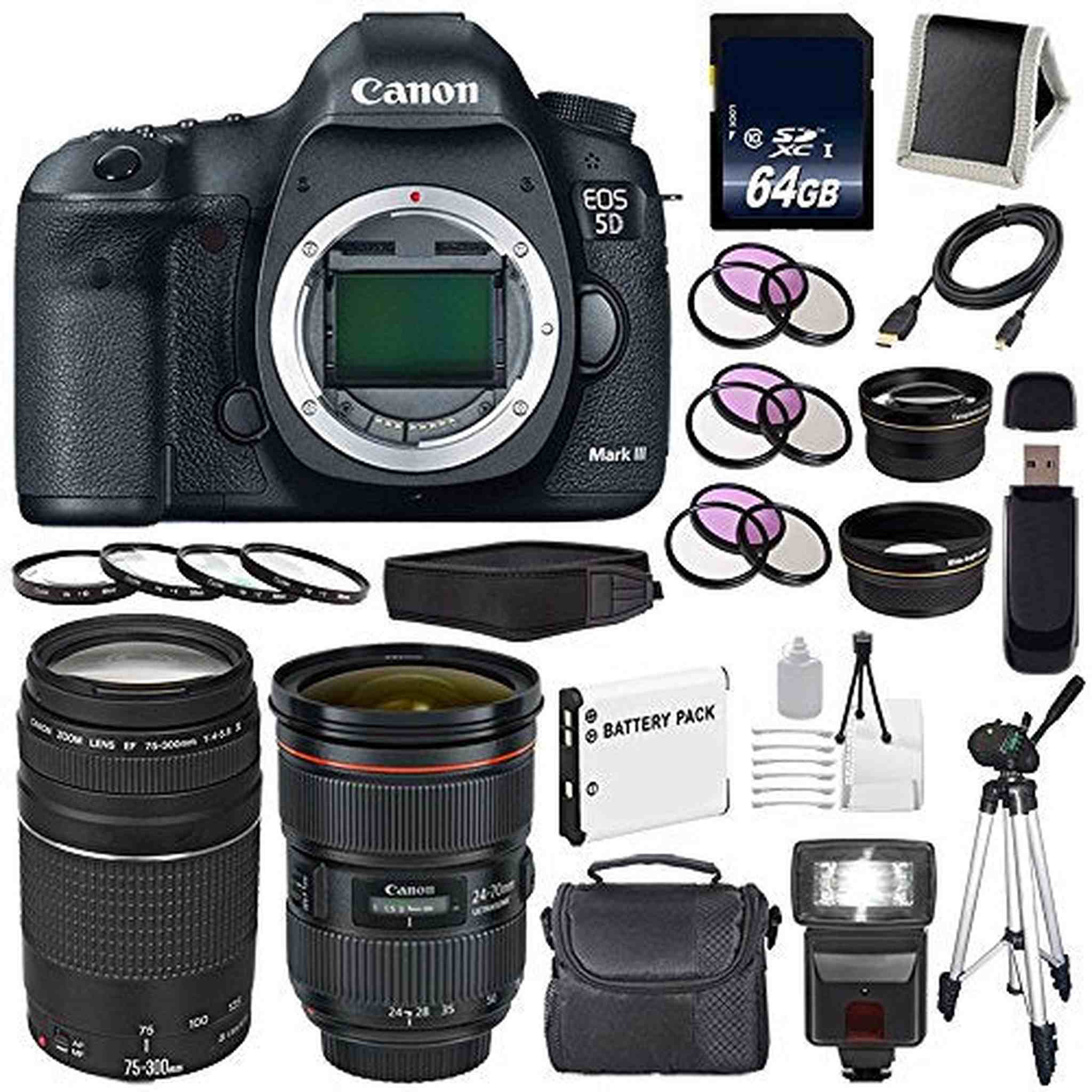 Canon EOD 5D III Digital Camera International Model + Canon EF 24-70mm f/2.8L II USM Lens + Canon EF 75-300 III+ LP-E6 R Supreme Bundle Canon