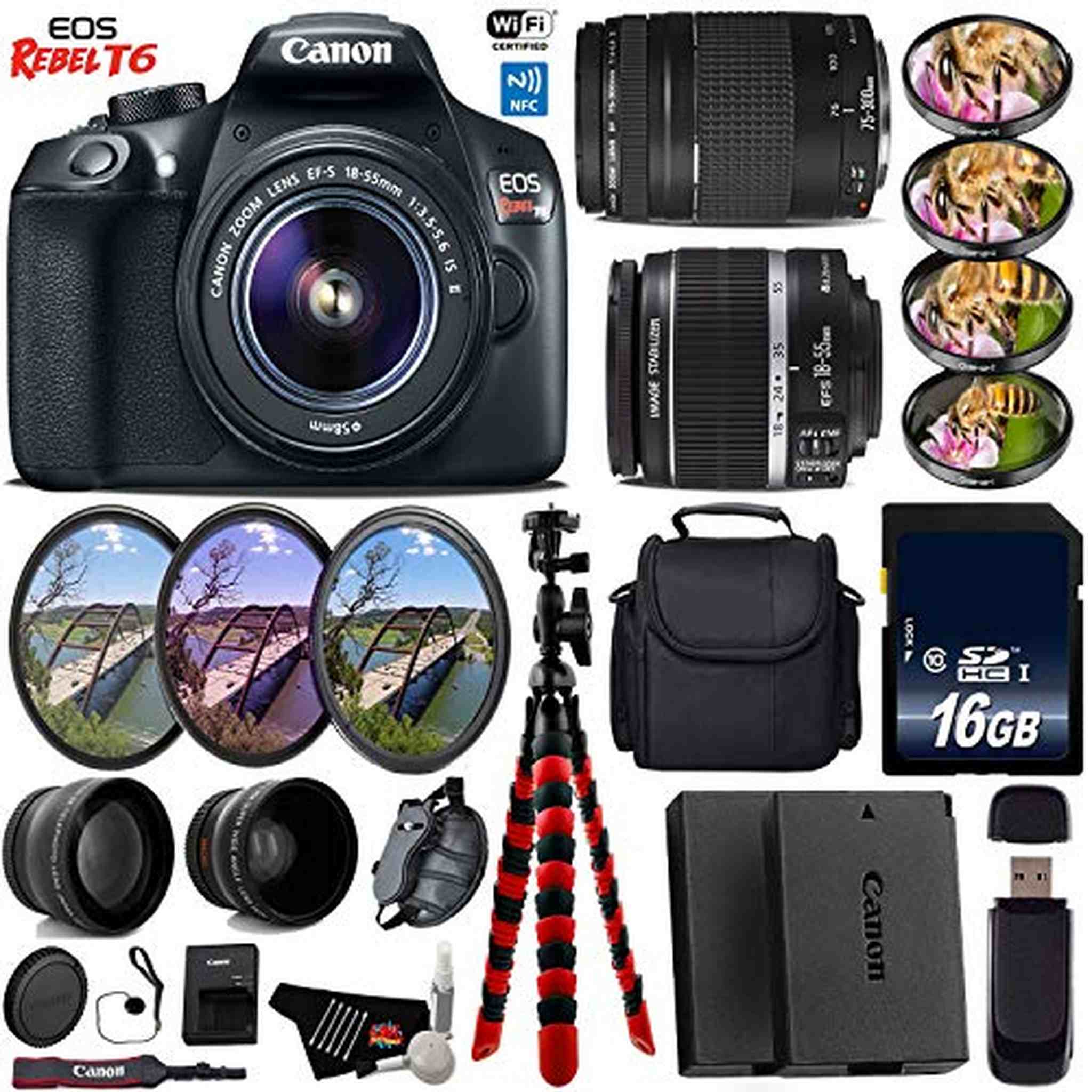 Canon EOS Rebel T6 DSLR Camera with 18-55mm is II Lens & 75-300mm III Lens + UV FLD CPL Filter Kit + 4 PC Macro Kit Base Bundle Canon