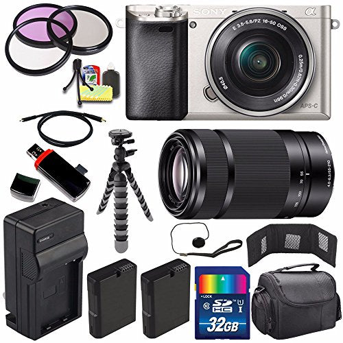 Sony Alpha a6000 Mirrorless Digital Camera with 16-50mm Lens Silver + Sony E 55-210mm f/4.5-6.3 OSS E-Mount Lens 32GB Bundle Sony